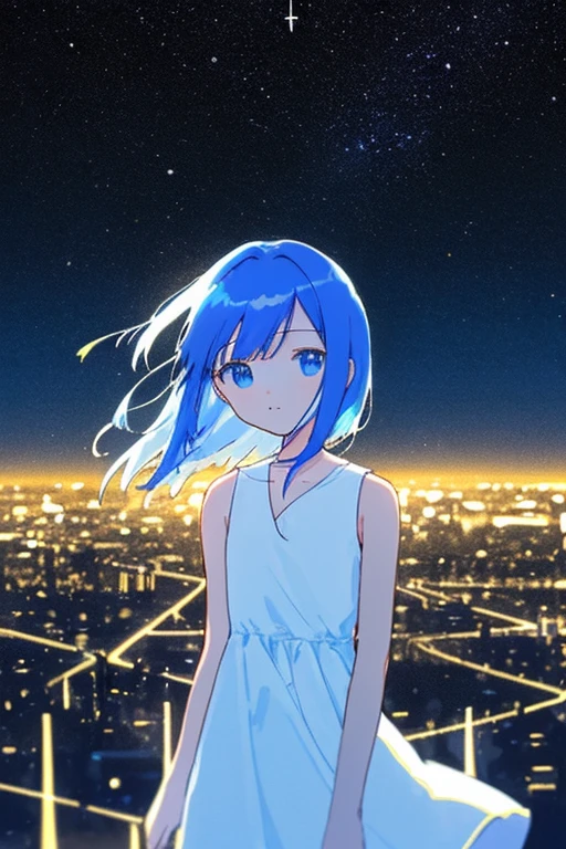 1 👧➕🙂/ upper body/ Eye's➕🌌/ looking at viewer/ Fine and straight hair/ The background can be seen between the fine hair/ thin line/ collarbone/ (white dress/ sleeveless)/ Simple clothes without decoration/ Delicately detailed and delicately drawn/ Roughly drawn lines/ Roughly painted colors/ (🌃:1.2)/ Roughly simplified and drawn background/ Bokeh/ Blurred Backgrounds/ depth of field/ Aerial perspective/