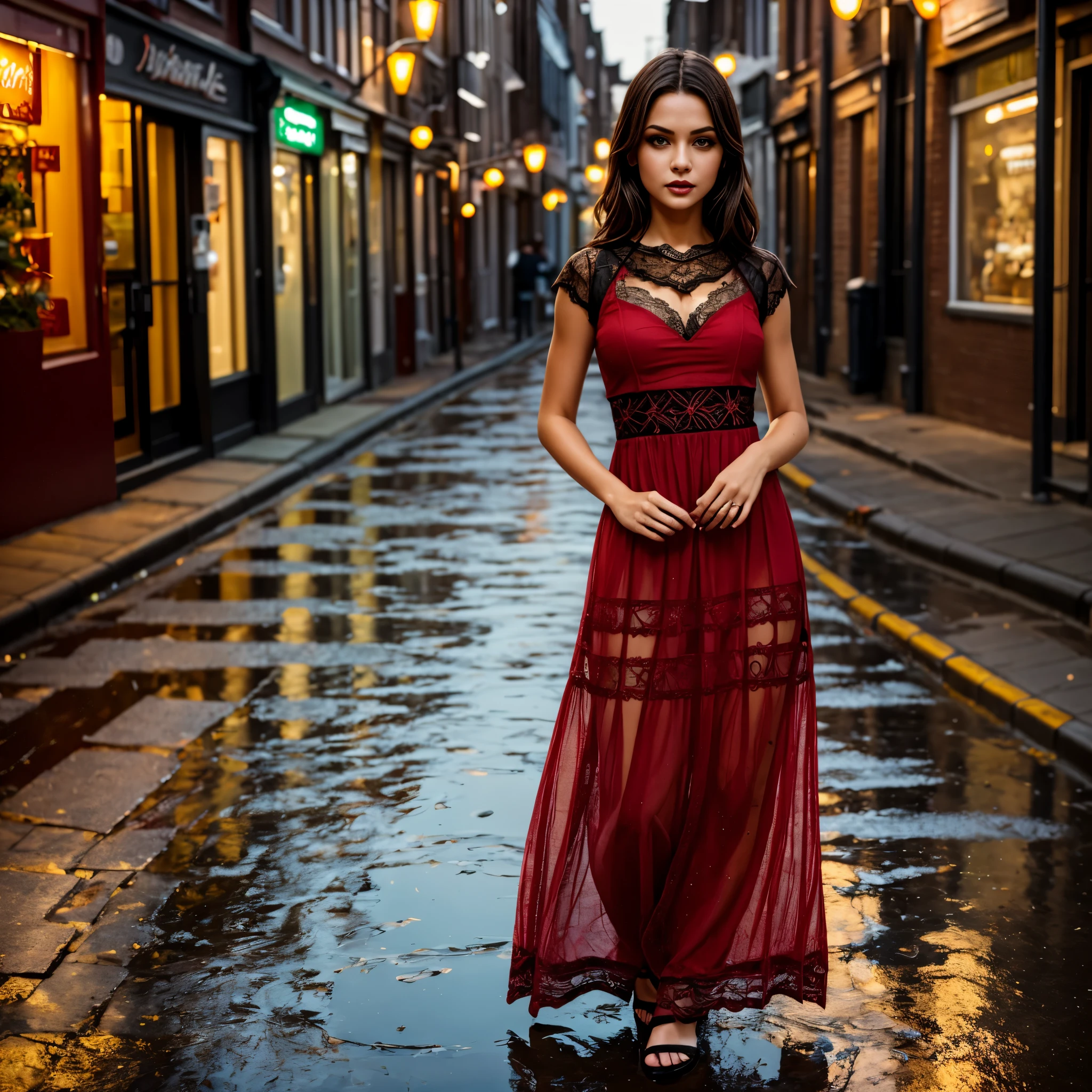 (best quality,8k, ((wearing lace maxi dress)),standing,red light district,highly detailed face and skin texture,detailed eyes,double eyelids),portrait,sunny atmosphere,soft focus,warm color tones,subtle backlighting,dewdrops on lashes,urban landscape,reflection on wet pavement,moody aesthetic. Body main focus,  