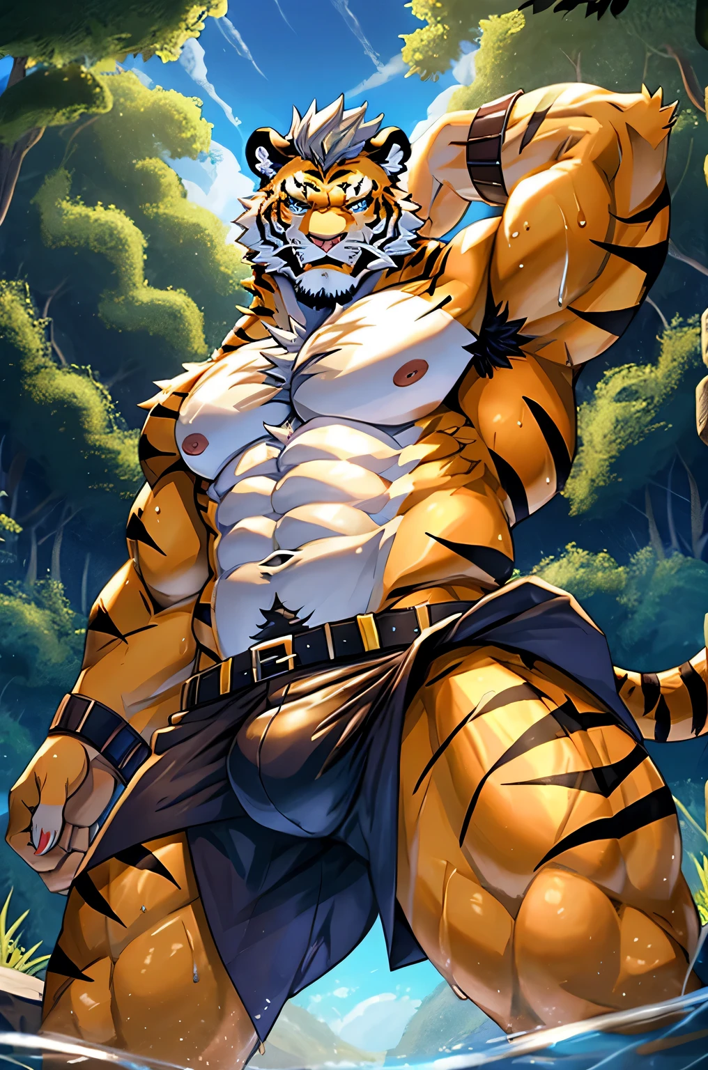 anime style illustration、high quality tiger face、golden tiger body、slender body、great abs、detailed abs、very big crotch、My crotch was so wide it looked like it was going to explode..、small tail、large amount of pubic hair、large amount of armpit hair,、large amount of chest hair、large amount of belly button hair、large amount of belly hair、large amount of crotch hair、angry look、white fang、wet body.、A look that screams、silver mane、wilderness background