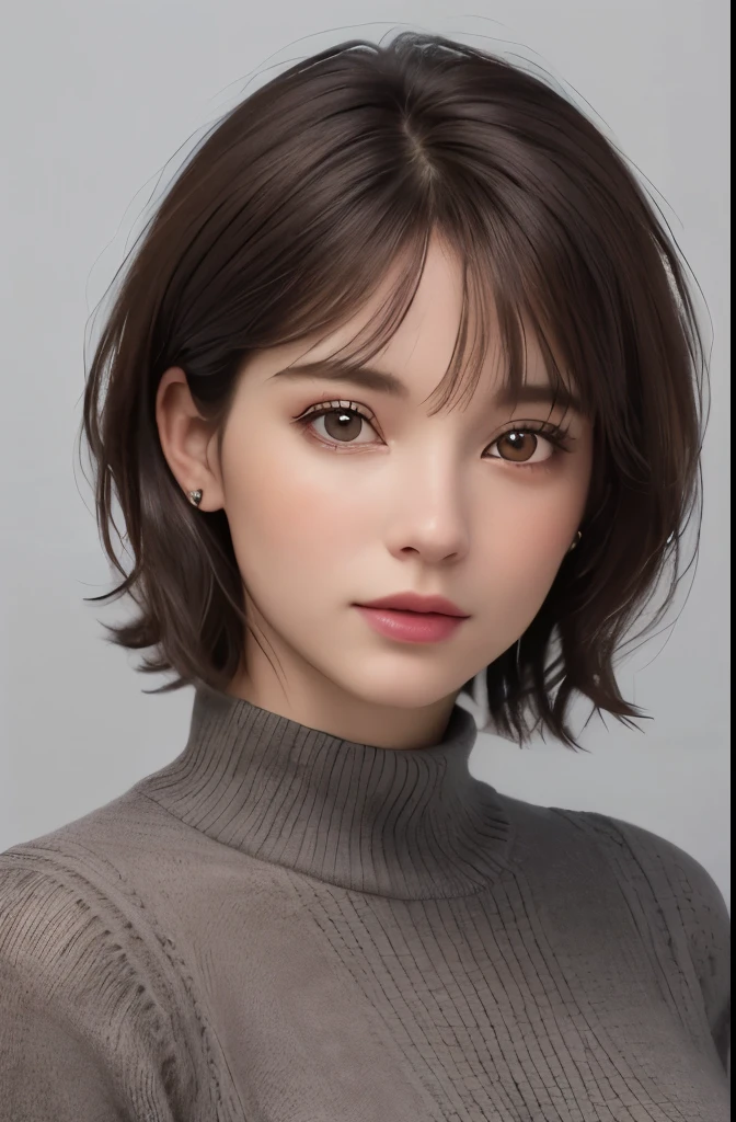 (Representative works:1.4)、(8K、photorealistic、RAW photo、Highest image quality:1.4)、(30 year old mature woman)、beautiful face、(realistic face)、(dark brown hair、short hair:1.3)、beautiful hairstyle、realistic eyes、beautiful detailed eyes、(realistic skin)、beautiful skin、(sweater)、uncoordinated、charm、ultra high resolution、Super realistic、High definition、golden ratio、Gray background
