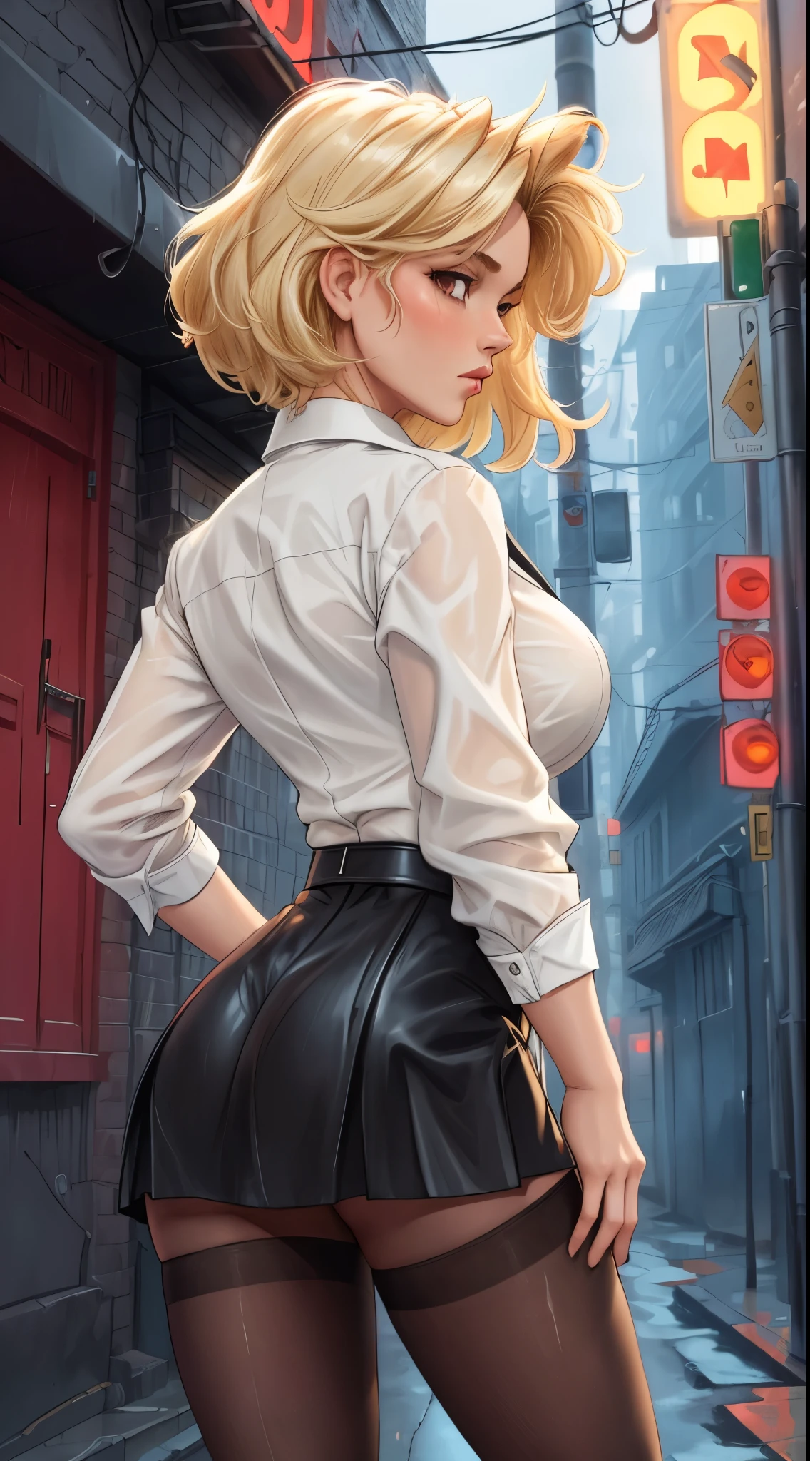 ((masterpiece, best quality)),solo,1girl, loriloud,  loud, oversized breasts, highres, blonde hair, short hair, detailed, soft lighting, outdoors, pantyhose, lingerie, tight black skirt, black jacket, tight wet white shirt, background : alleyways, rear view, noir, dark and mysterious, gritty, red light district, raining, American city