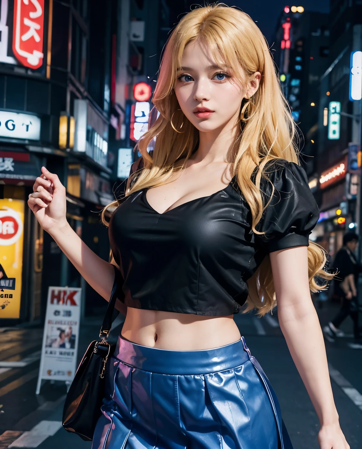 1girl, (Blue Eyes), (Sana Minatozaki), (black blouse :1.3), Big tits, big ass, (Best Quality, 8k, Masterpiece: 1.3), Clear Focus: 1.2, Perfect Body Beauty: 1.4, strong abs, Highly detailed face and skin texture, detailed eyes, double eyelids, (blonde long hair :1.2), (red skirt :1.2), standing, showing cleavage, in the Shibuya neighborhood at night, Tokyo Japan, illuminated by colorful signs