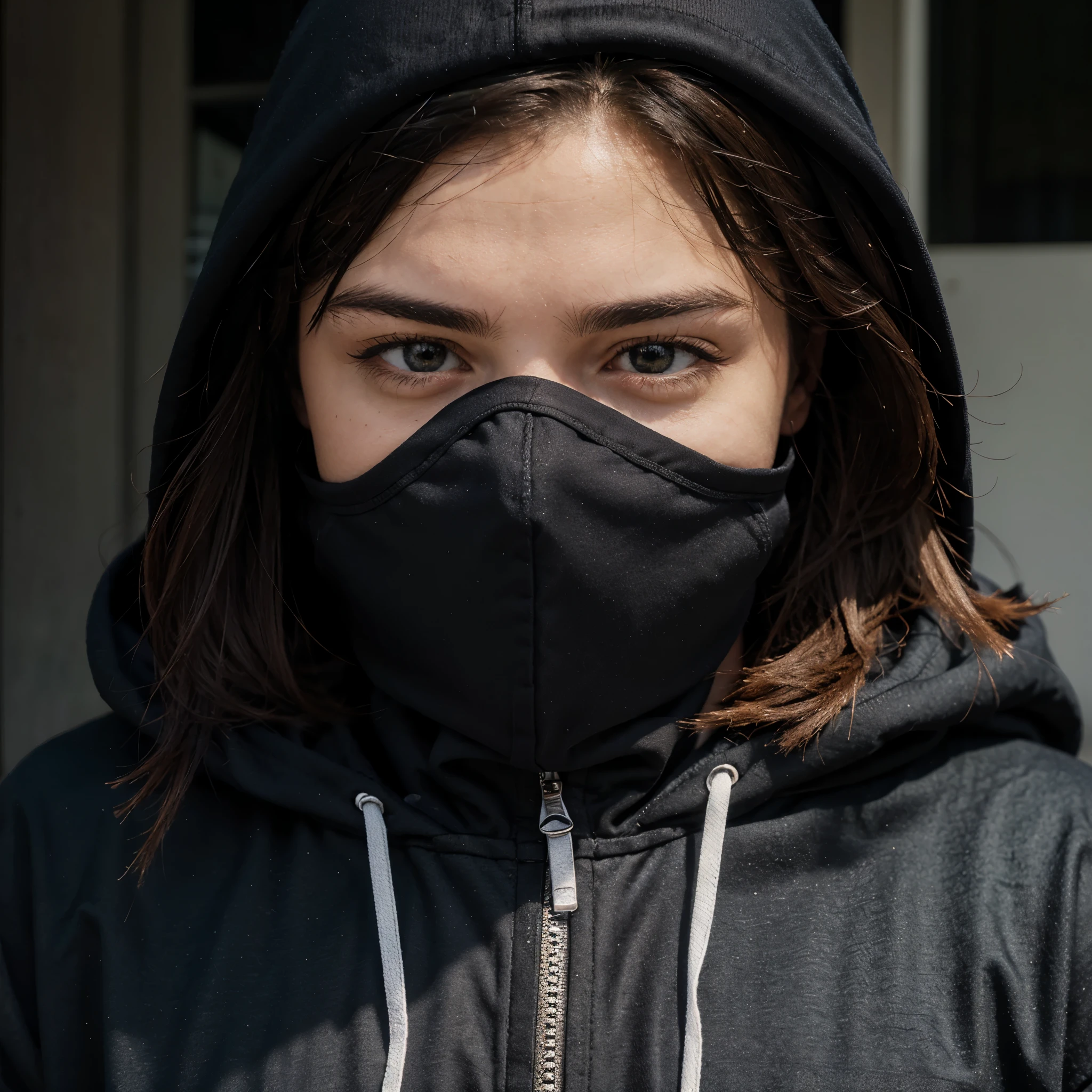 Man in a black hoodie with hood on ski mask covering entire face and ski goggles
