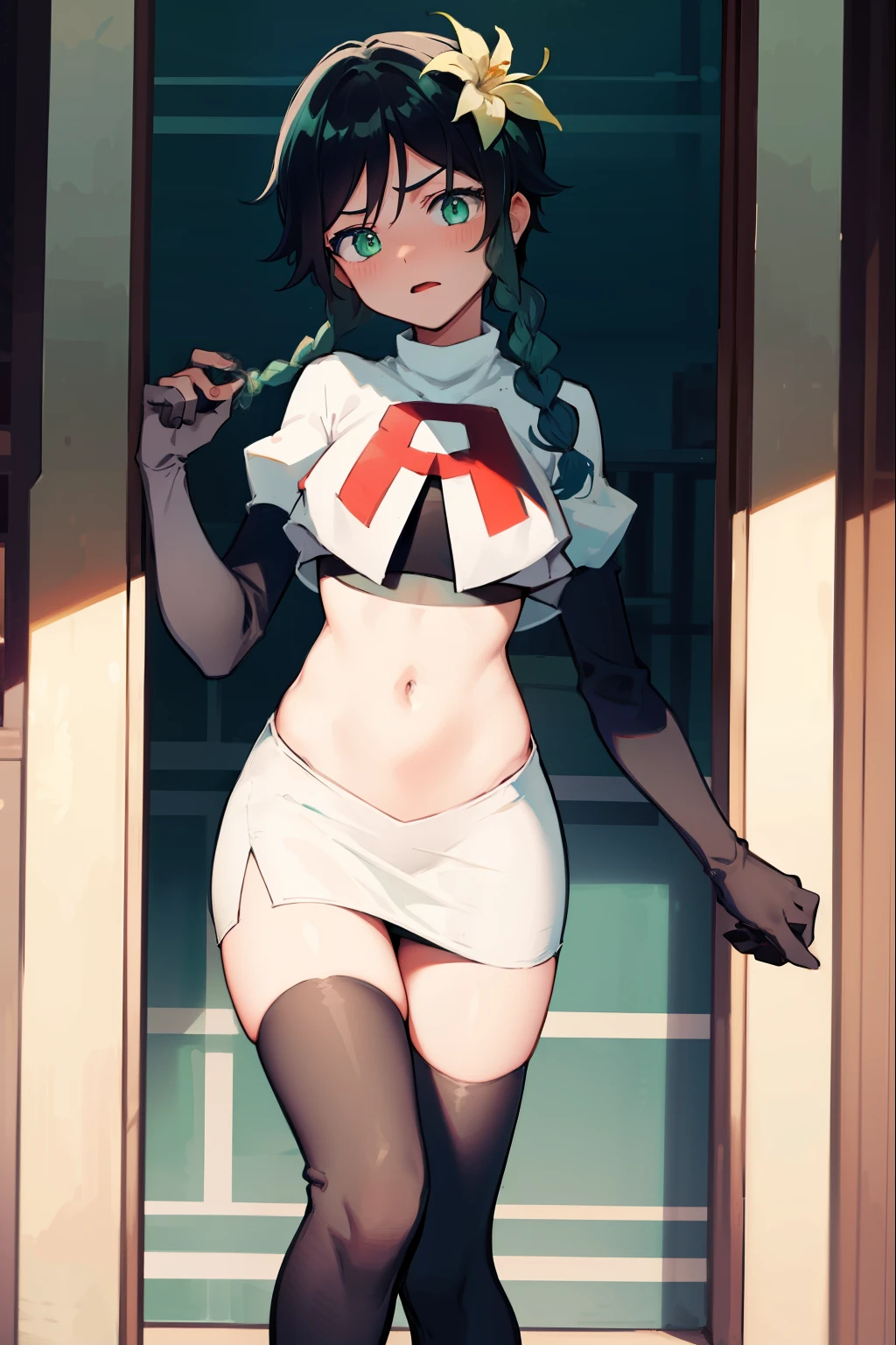 absurdres,venti,1boy, male focus, trap,black hair, green-blue hair, hair braid,hair flower,aqua green eyes,crossdressing,1boy,team rocket,team rocket uniform,white skirt,red letter R,crop top,black thigh-highs,black elbow gloves, embarrassed, blush