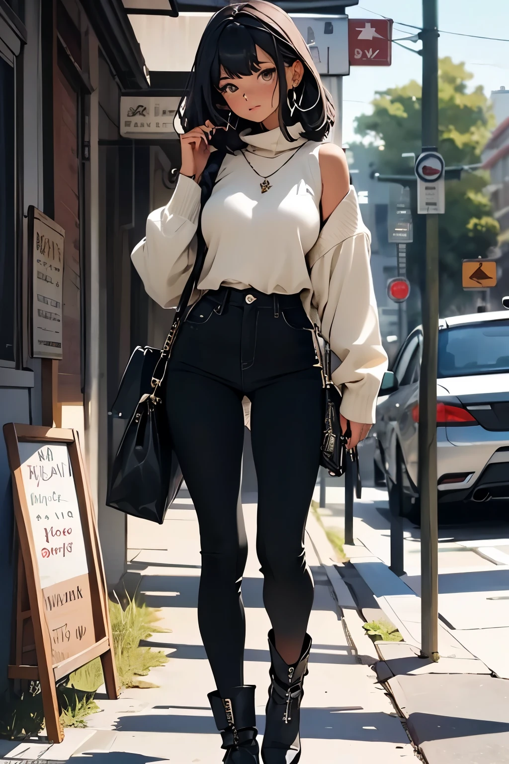 (masterpiece: 1.2, best quality), 1lady, solo, big tits Dark skinny jeans, oversized sweater, ankle boots, sharp focus, Loose waves, central part Simple hoop earrings, cool, cool, fashionable, rockstar Green Park