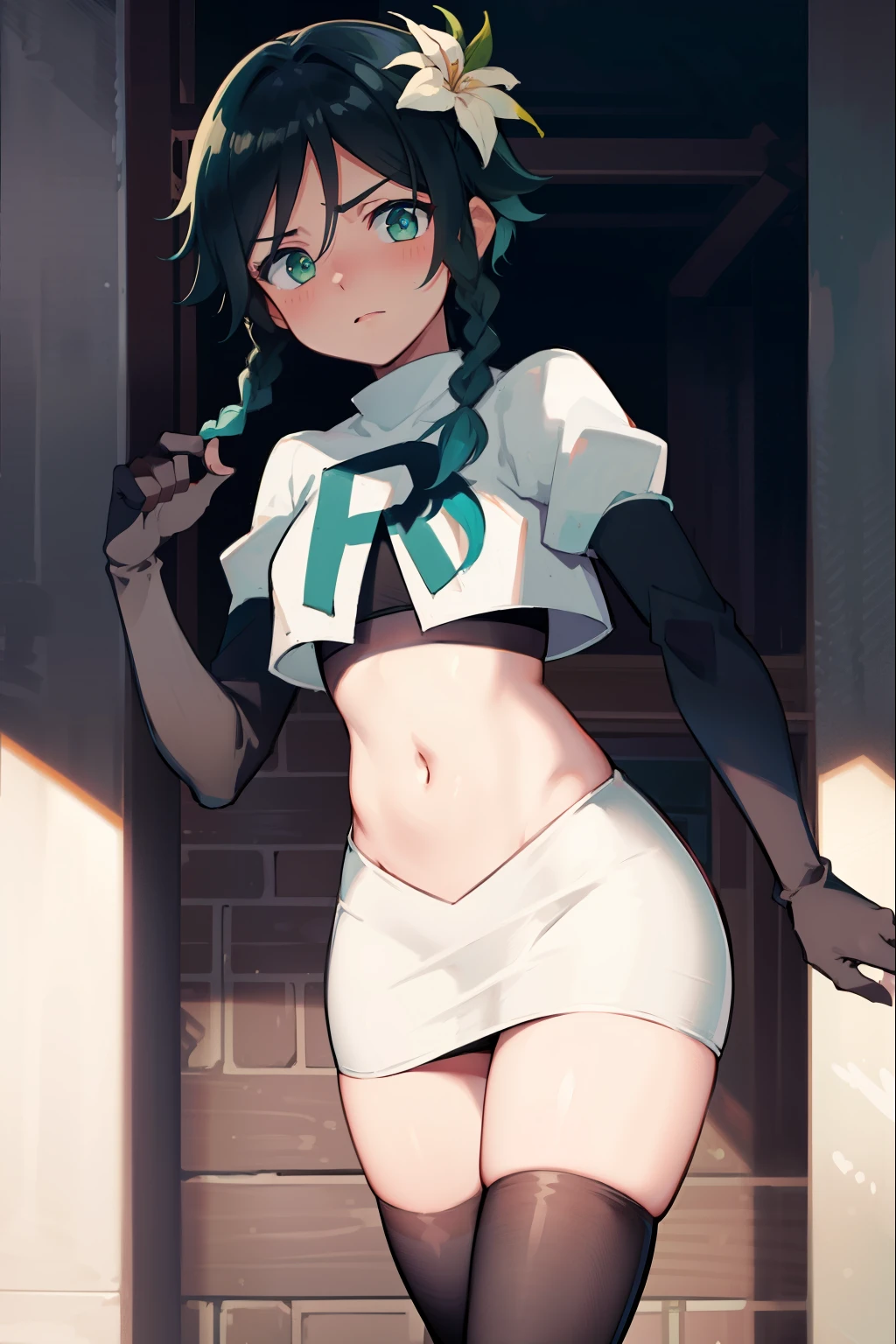 absurdres,venti,1boy, male focus, trap,black hair, green-blue hair, hair braid,hair flower,aqua green eyes,crossdressing,1boy,team rocket,team rocket uniform,white skirt,red letter R,crop top,black thigh-highs,black elbow gloves, embarrassed, blush