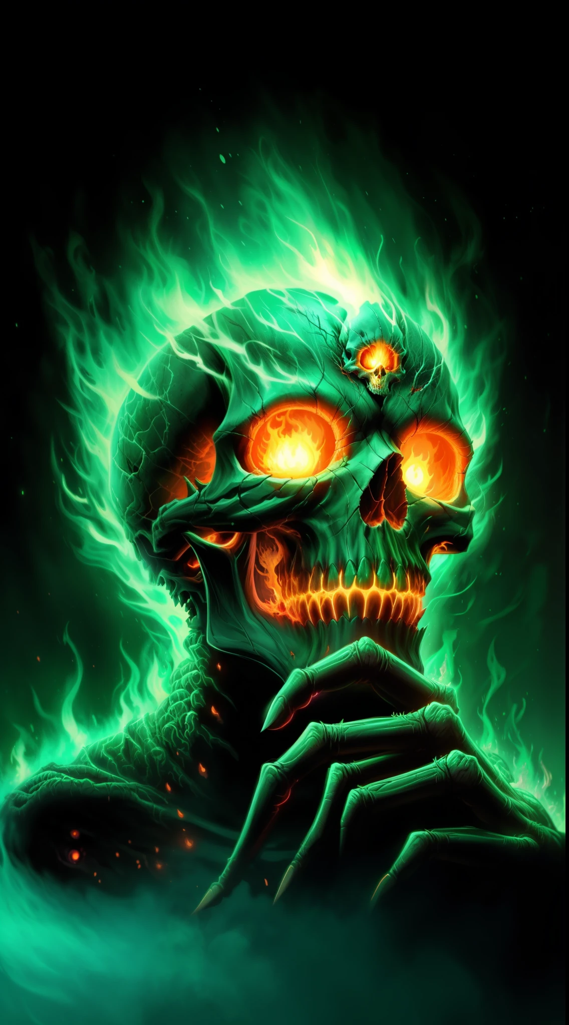 a green and black image of a glowing skull with glowing eyes, fiery skull contemplating life, dan mumford and alex grey style, detailed glowing head, flaming skull, fantasy skull, green fire, psytrance artwork, vecna from stranger things, dmt ego of death, glowing bones, horrific digital art, ancient neon monster portrait, in the style dan mumford artwork