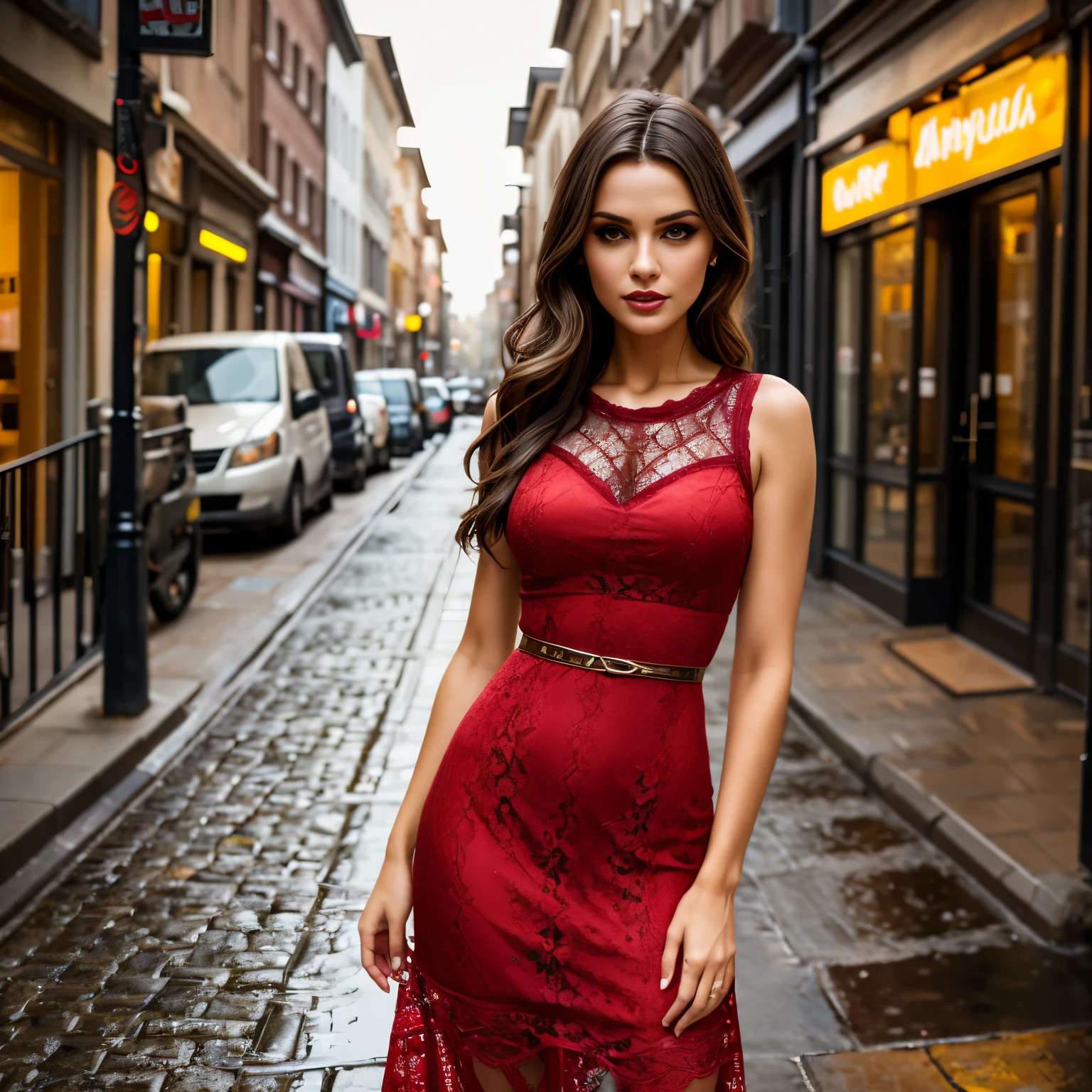 (best quality,8k, ((wearing lace maxi dress)),standing,red light district,highly detailed face and skin texture,detailed eyes,double eyelids),portrait,sunny atmosphere,soft focus,warm color tones,subtle backlighting,dewdrops on lashes,urban landscape,reflection on wet pavement,moody aesthetic. Body main focus,
