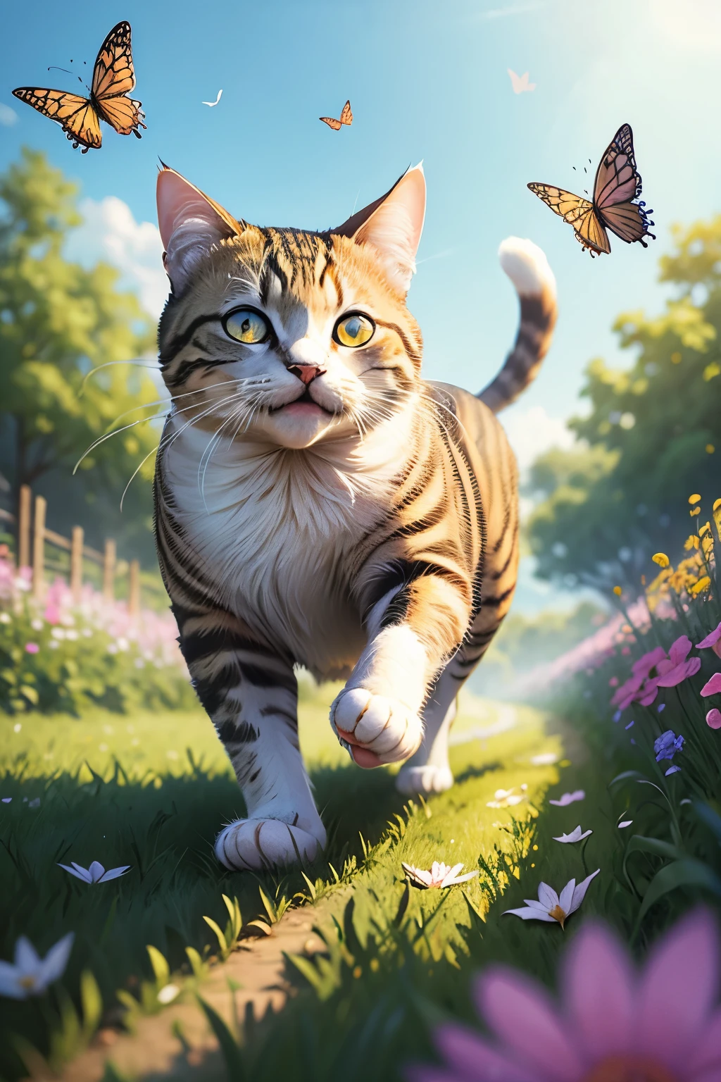 Cat chasing butterflies among flowers