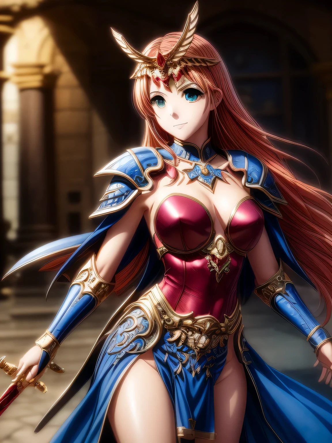 (masterpiece, highest quality:1.2),Lucia,1 girl,alone,green eyes,orange hair,very length hair,red armor dress,cowboy shot,wing tiara,((length_groin armor panel)),((blue waist armor)),blue shoulder armor,(blue cuff),blue knee boots,pauldron,blue armor belt,with a sword