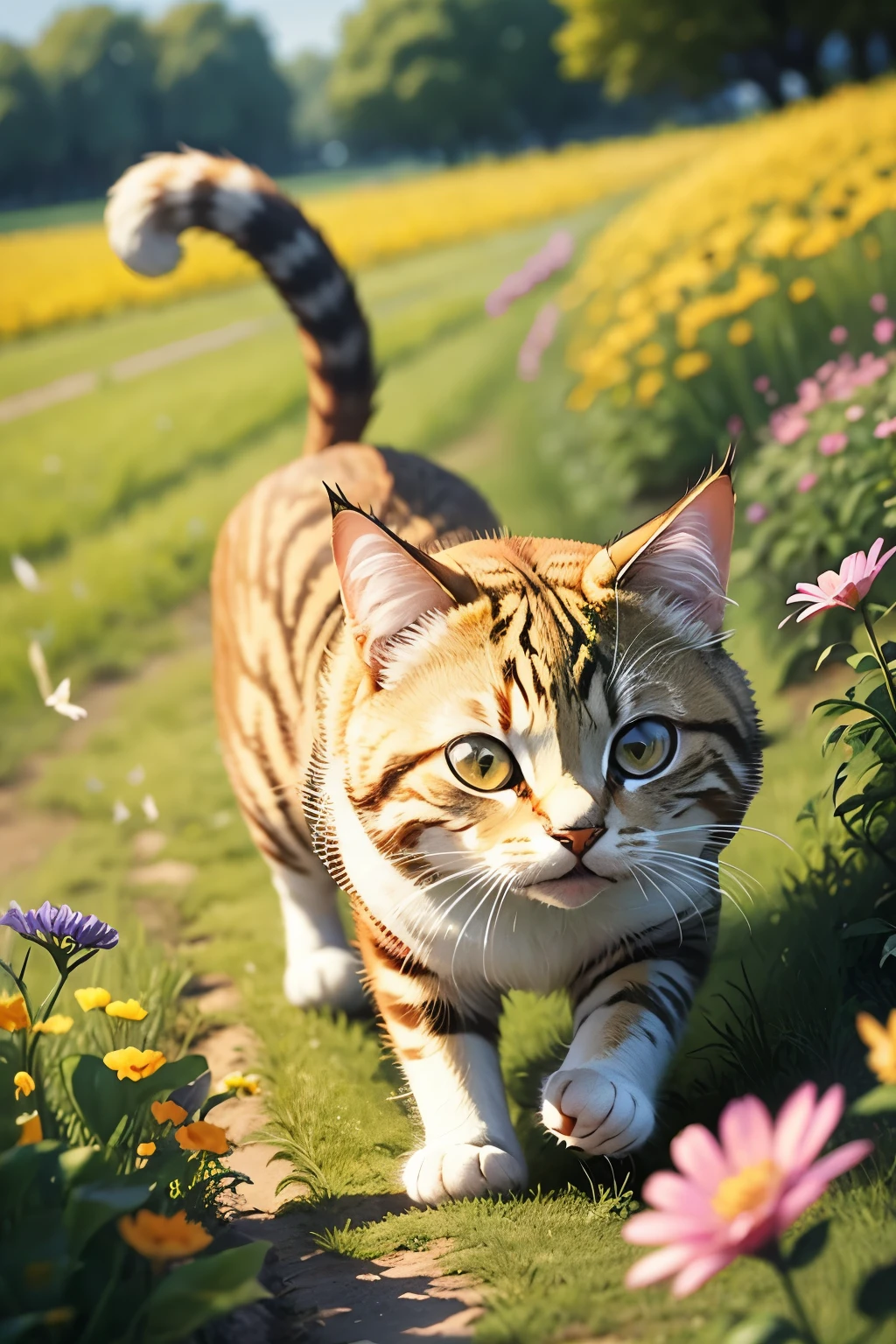 Cat chasing butterflies among flowers