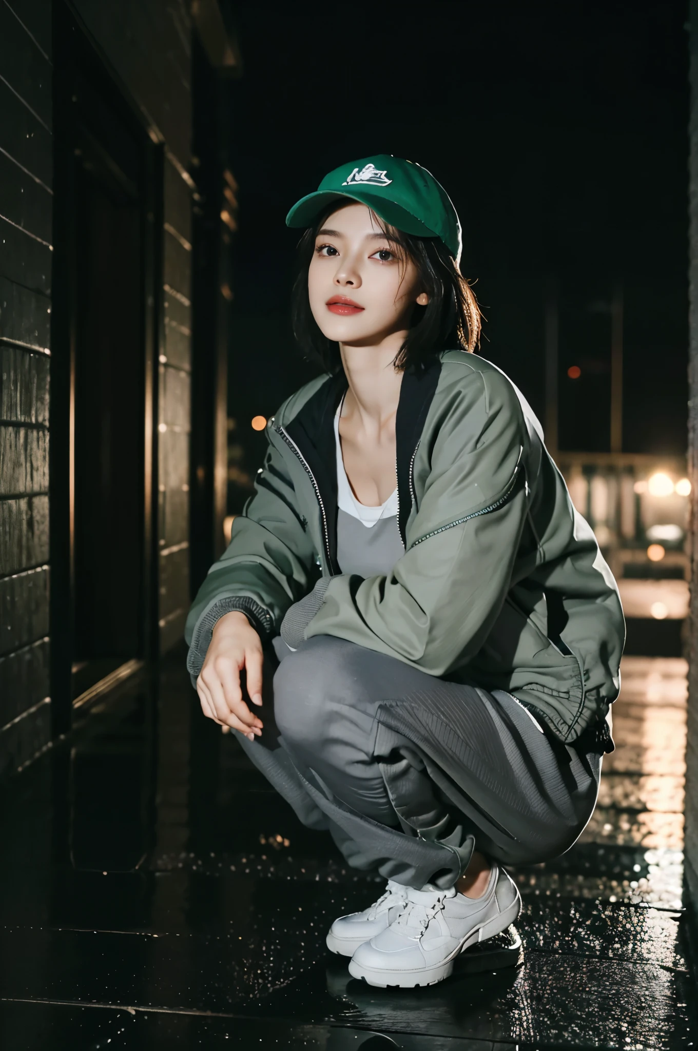 (((8k))),(Extremely detailed CG) ,(wallpaper),16k,(extremely delicate and beautiful），（masterpiece:2.0），（best quality:2.0），（超high resolution：1.0），beautiful lights，perfect lightning，Realistic shadows，[high resolution],(Smooth and flawless fair skin:1.5),Facial details are extremely delicate,(Perfect body：1.1),Super detailed,a beautiful girl,small head,(Green baseball cap:1.2),(Shoulder length black short straight hair:1.2),(small breasts:1.1),flat chest，Slim，thin，Smile，Cheerful,(black down jacket:1.5),(Slender legs:1.2),(Light gray sweatpants:1.4),(black sneakers:.3),(dark night:1.5),dim lights,(Squatting in a residential area:1.5),high-rise building,Residential building entrance,(Upper body:1.2),from the front,(rain:1.2),early winter,night view,(close shot:1.2),(Cowboy shooting:1.2)