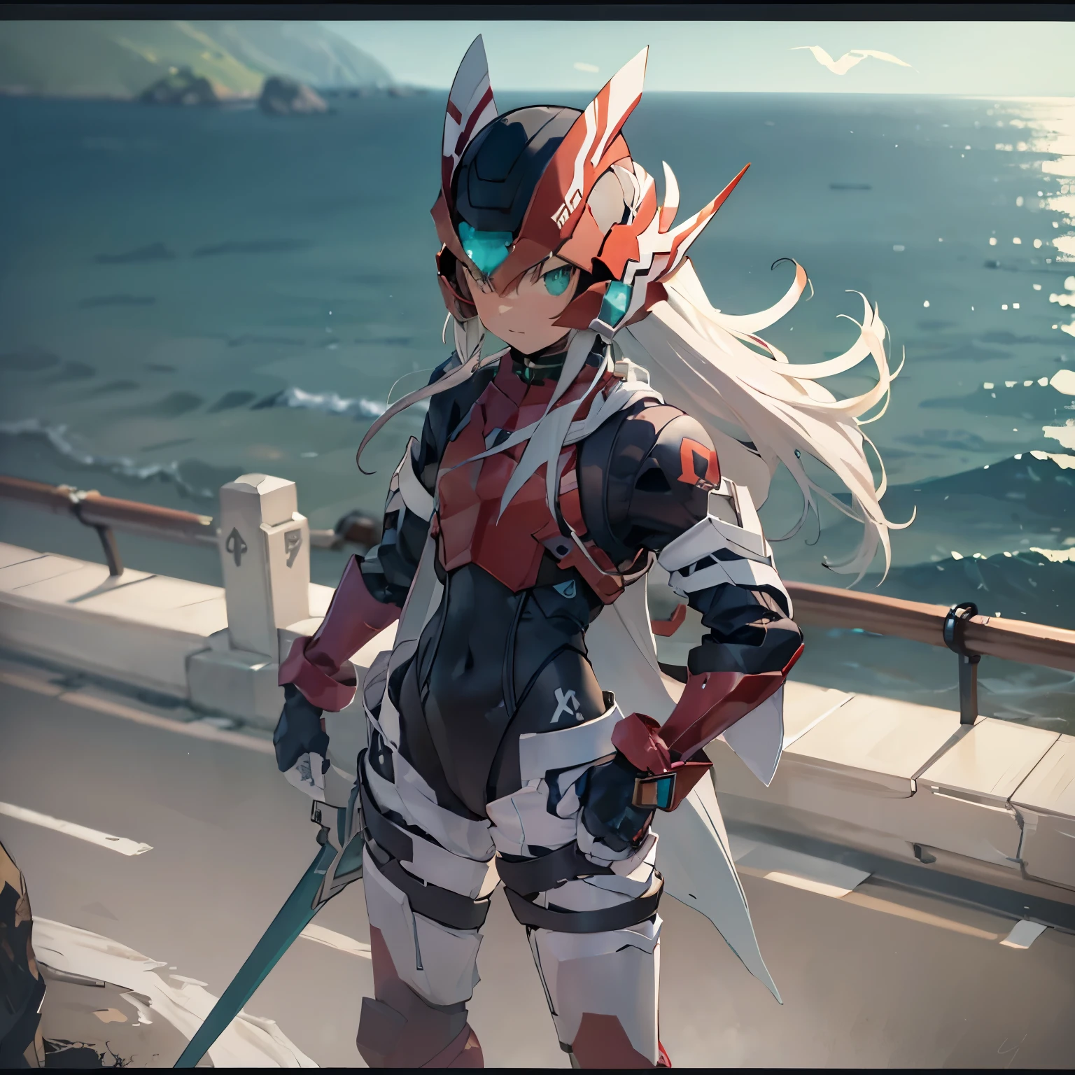 megzeromyth2023,1boy, long white hair, red armor, green energy sword, 8k, uhd, best quality, masterpiece, intricate, overlooking the ocean on the edge of a rock, in the style of avian-themed, realistic yet stylized, villagecore, azure, orange and azure, dragoncore, aerial view