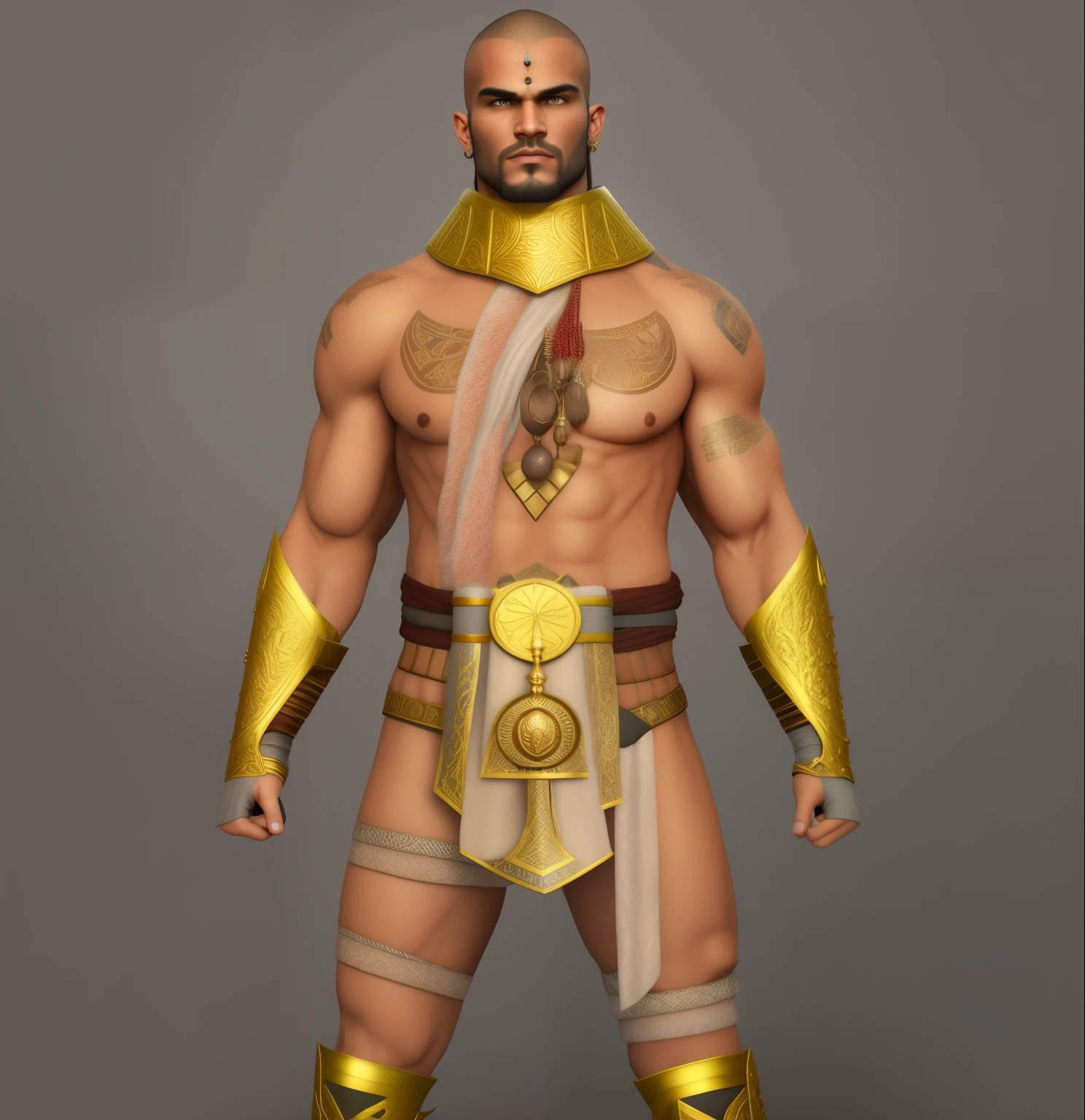 ((masterpiece, best quality)),a close up of a man with a tattoo on his chest, technoviking male with no shirt, mummy wrapping on body, djinn human hybrid, loincloth, the egyptian god, pharaoh clothes, egyptian warrior, male character, hyperdetailed fantasy character, highly detailed character, djinn man male demon, desert fighter ancient mage, inspired by Volkan Baga, warrior outfit, photo realistic, intricate details