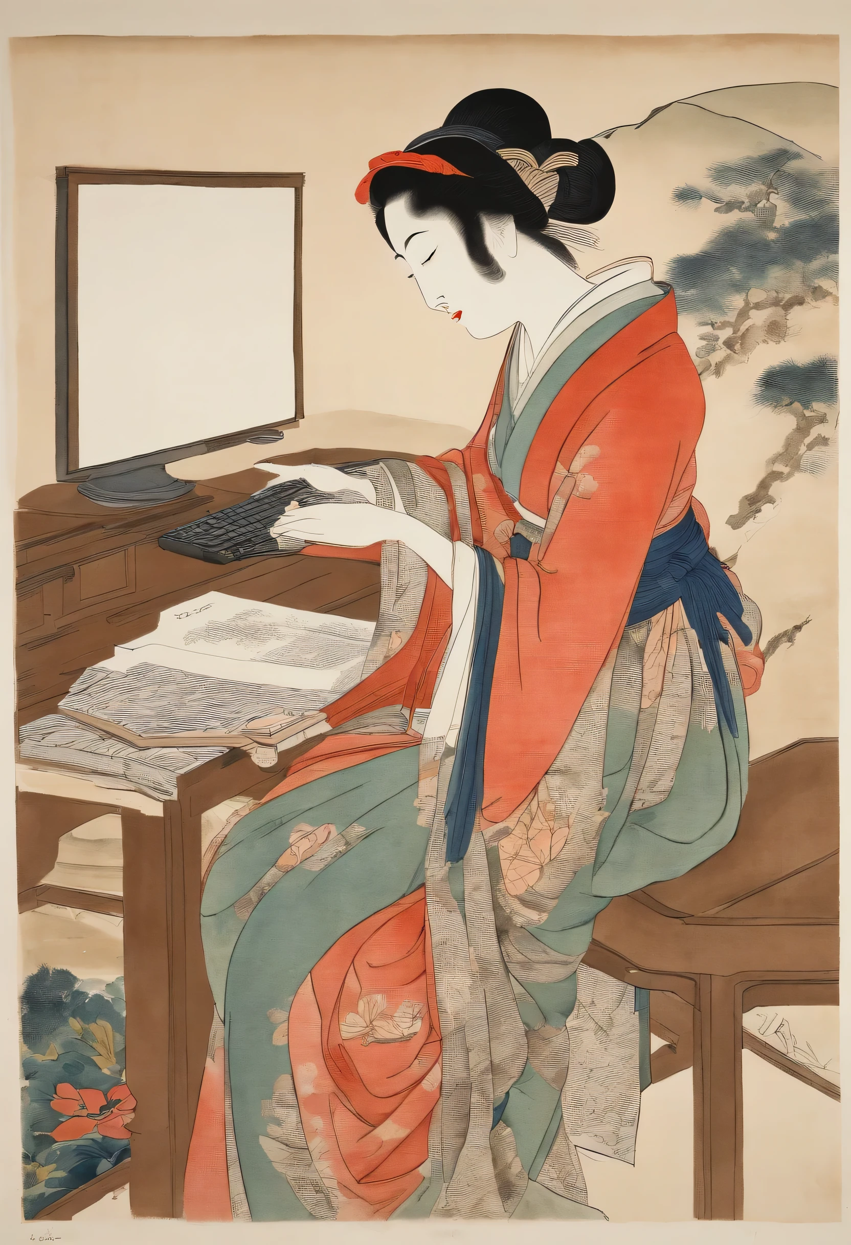 highest quality, Kitagawa Utamaro's style, ukiyo-e, Woman operating laptop,the computer is on the desk