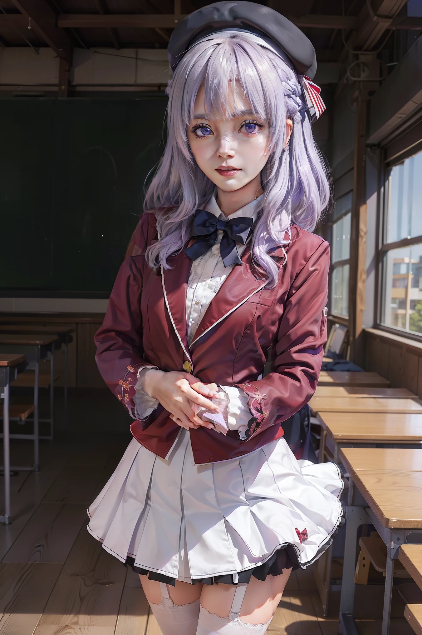 BREAK (masutepiece:1.2), Best Quality, High resolution, Unity 8k壁纸, (Beautiful detailed eyes:1.6), extra detailed face, Perfect Lighting, extremely details CG,女の子1人、独奏、Arisu、(Viewer's Perspective、cowboy  shot:1)、(Light purple hair、White hair、Medium Hair) 、Arisu has、beret、Black beret、Black hat:1.2)、(Purple eyes、shining purple eyes:1.3)、(A smile、a closed mouth:1.2)、(Arisu School、student clothes、Red Blazer、a red jacket、robe blanche 、White skirt、pleatedskirt、Blue bow tie、White Niso、garter strap、Absolute area:1.4)、Naughty big、large full breasts、(Perfect hands, Perfect Anatomy),Look at viewers、Schools、‎Classroom、(is standing:1.3)