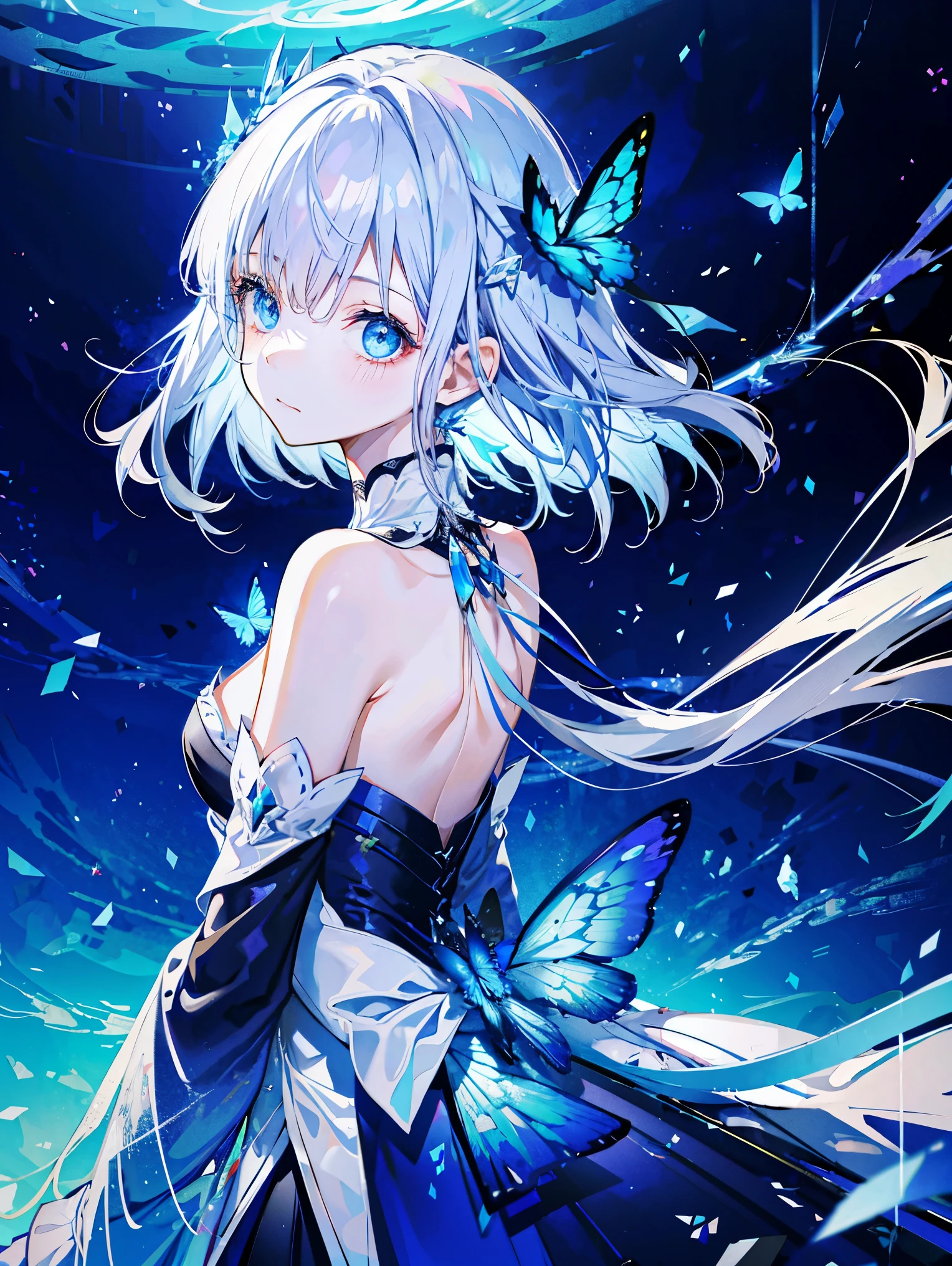 1 girl, e blue eyes, shift dress, blue dress, gray hair,blue butterfly flying, Reman, particles of light, please shut your mouth, in the room, gem, No sleeve, bare shoulders, by bangs,beautiful and fine eyes, Detailed background,