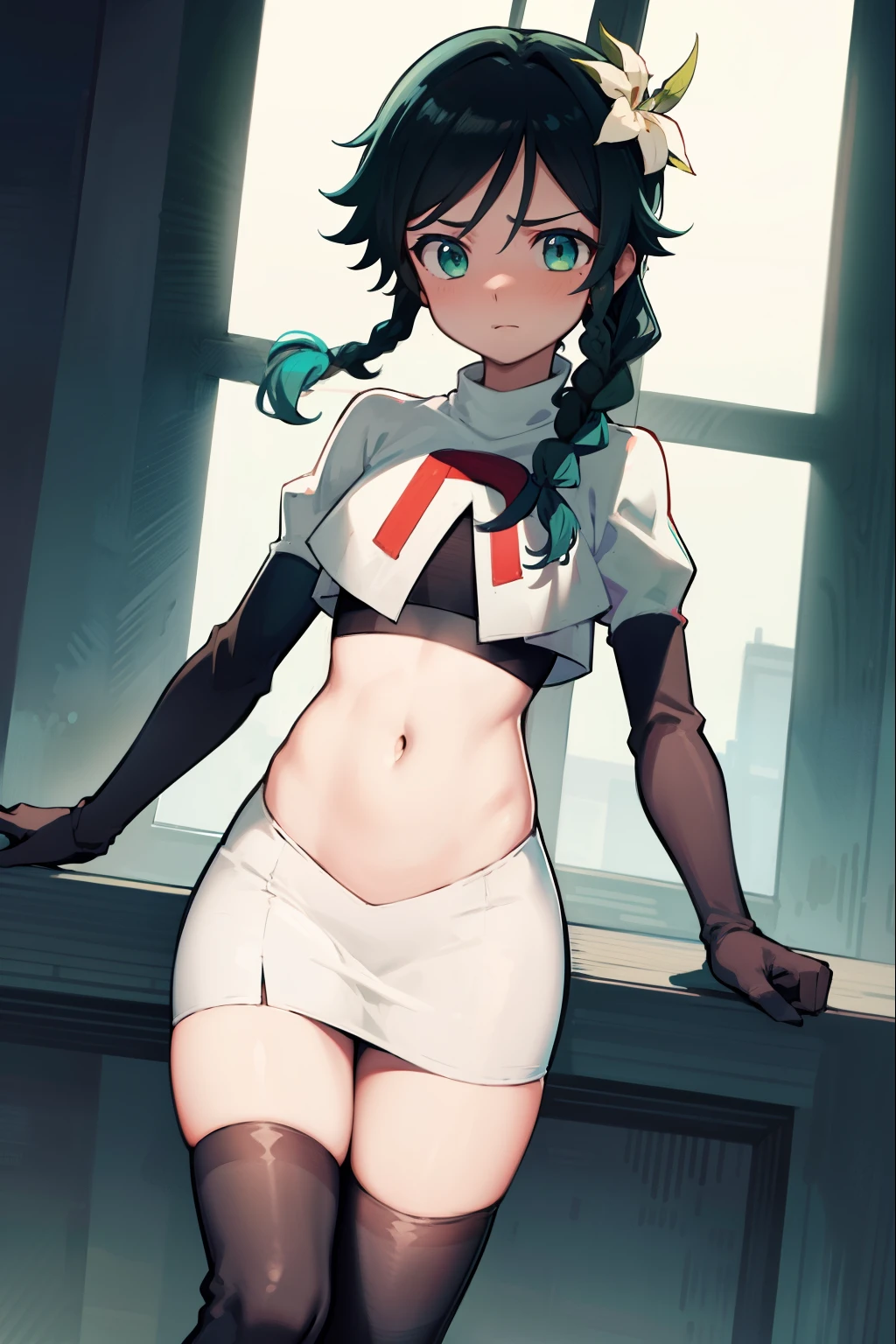 absurdres,venti,1boy, male focus, trap,black hair, green-blue hair, hair braid,hair flower,aqua green eyes,crossdressing,1boy,team rocket,team rocket uniform,white skirt,red letter R,crop top,black thigh-highs,black elbow gloves, embarrassed, blush