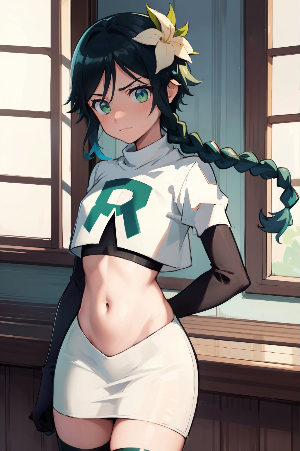 absurdres,venti,1boy, male focus, trap,black hair, green-blue hair, hair braid,hair flower,aqua green eyes,crossdressing,1boy,team rocket,team rocket uniform,white skirt,red letter R,crop top,black thigh-highs,black elbow gloves, embarrassed, blush