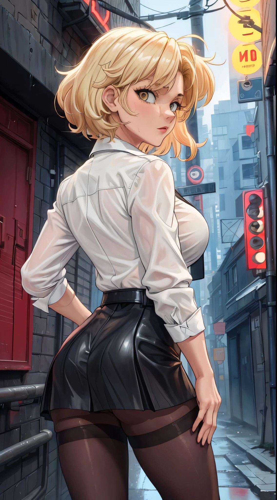 ((masterpiece, best quality)),solo,1girl, loriloud,  loud, oversized breasts, highres, blonde hair, short hair, detailed, soft lighting, outdoors, pantyhose, lingerie, tight black skirt, black jacket, tight wet white shirt, background : alleyways, rear view, noir, dark and mysterious, gritty, red light district, raining, American city