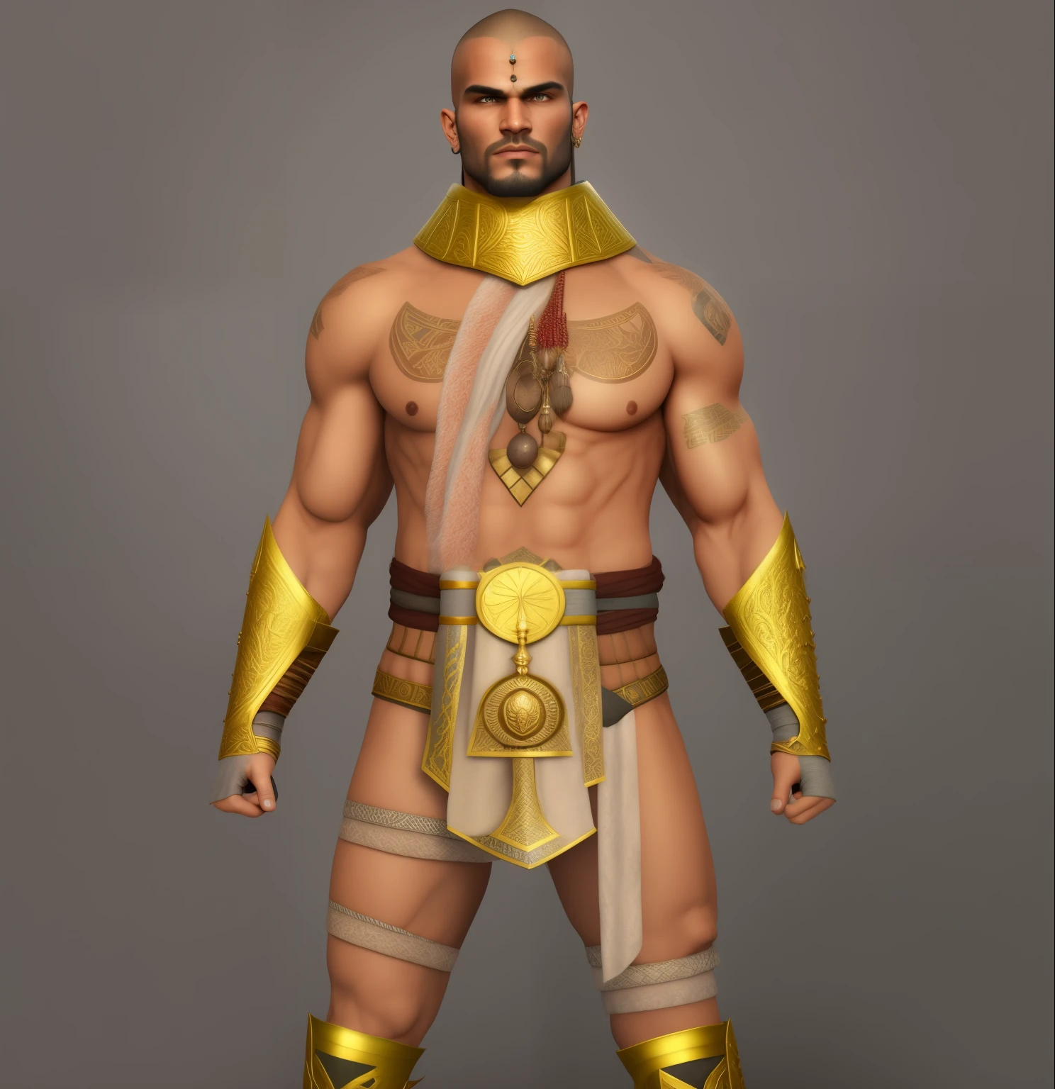 (RAW photo, best quality), (realistic, photo-realistic:1.4), masterpiece, a close up of a man wrestler with a ankh tattoo on his chest mummy wrap on body and gold metal arm and neck covering , loincloth with a ankh on it, the egyptian god, pharaoh clothes, egyptian warrior, male character, highly detailed character, 