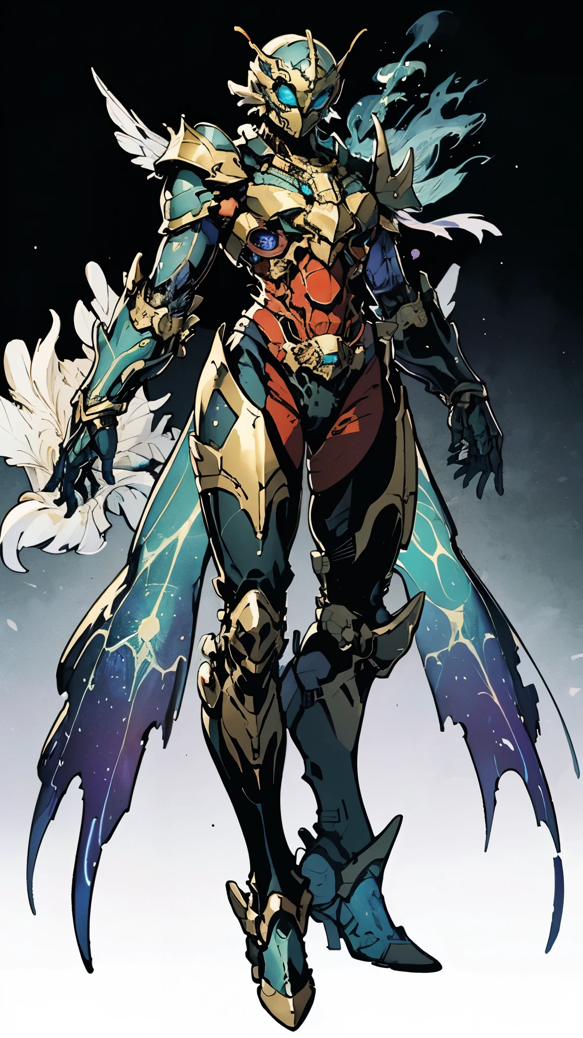 A woman adorned in fantasy-style full-body armor, a crown-concept fully enclosed helmet that unveils only her eyes, a composite layered chest plate, fully encompassing shoulder and hand guards, a lightweight waist armor, form-fitting shin guards, the overall design is heavy-duty yet flexible, (the armor gleams with a golden glow, complemented by red and blue accents), exhibiting a noble aura, she floats above a fantasy-surreal high-tech city, this character embodies a finely crafted fantasy-surreal style armored hero in anime style, exquisite and mature manga art style, (mixture of Queen bee and Spider concept Armor, plasma), ((Element, elegant, goddess, femminine:1.5)), metallic, high definition, best quality, highres, ultra-detailed, ultra-fine painting, extremely delicate, professional, anatomically correct, symmetrical face, extremely detailed eyes and face, high quality eyes, creativity, RAW photo, UHD, 32k, Natural light, cinematic lighting, masterpiece-anatomy-perfect, masterpiece:1.5