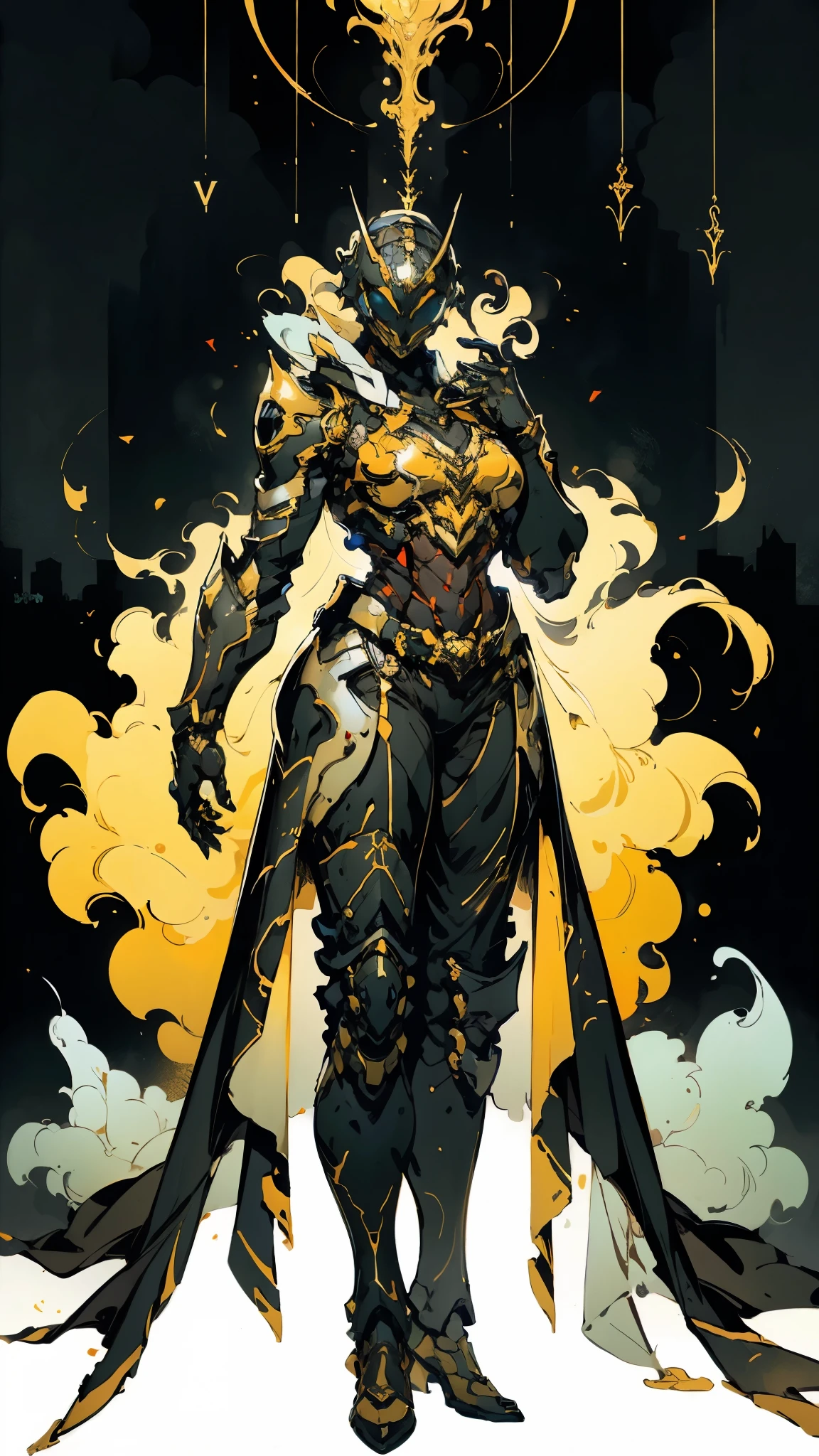 A woman adorned in fantasy-style full-body armor, a crown-concept fully enclosed helmet that unveils only her eyes, a composite layered chest plate, fully encompassing shoulder and hand guards, a lightweight waist armor, form-fitting shin guards, the overall design is heavy-duty yet flexible, (the armor gleams with a golden glow, complemented by red and blue accents), exhibiting a noble aura, she floats above a fantasy-surreal high-tech city, this character embodies a finely crafted fantasy-surreal style armored hero in anime style, exquisite and mature manga art style, (mixture of Queen bee and Spider concept Armor, plasma), ((Element, elegant, goddess, femminine:1.5)), metallic, high definition, best quality, highres, ultra-detailed, ultra-fine painting, extremely delicate, professional, anatomically correct, symmetrical face, extremely detailed eyes and face, high quality eyes, creativity, RAW photo, UHD, 32k, Natural light, cinematic lighting, masterpiece-anatomy-perfect, masterpiece:1.5