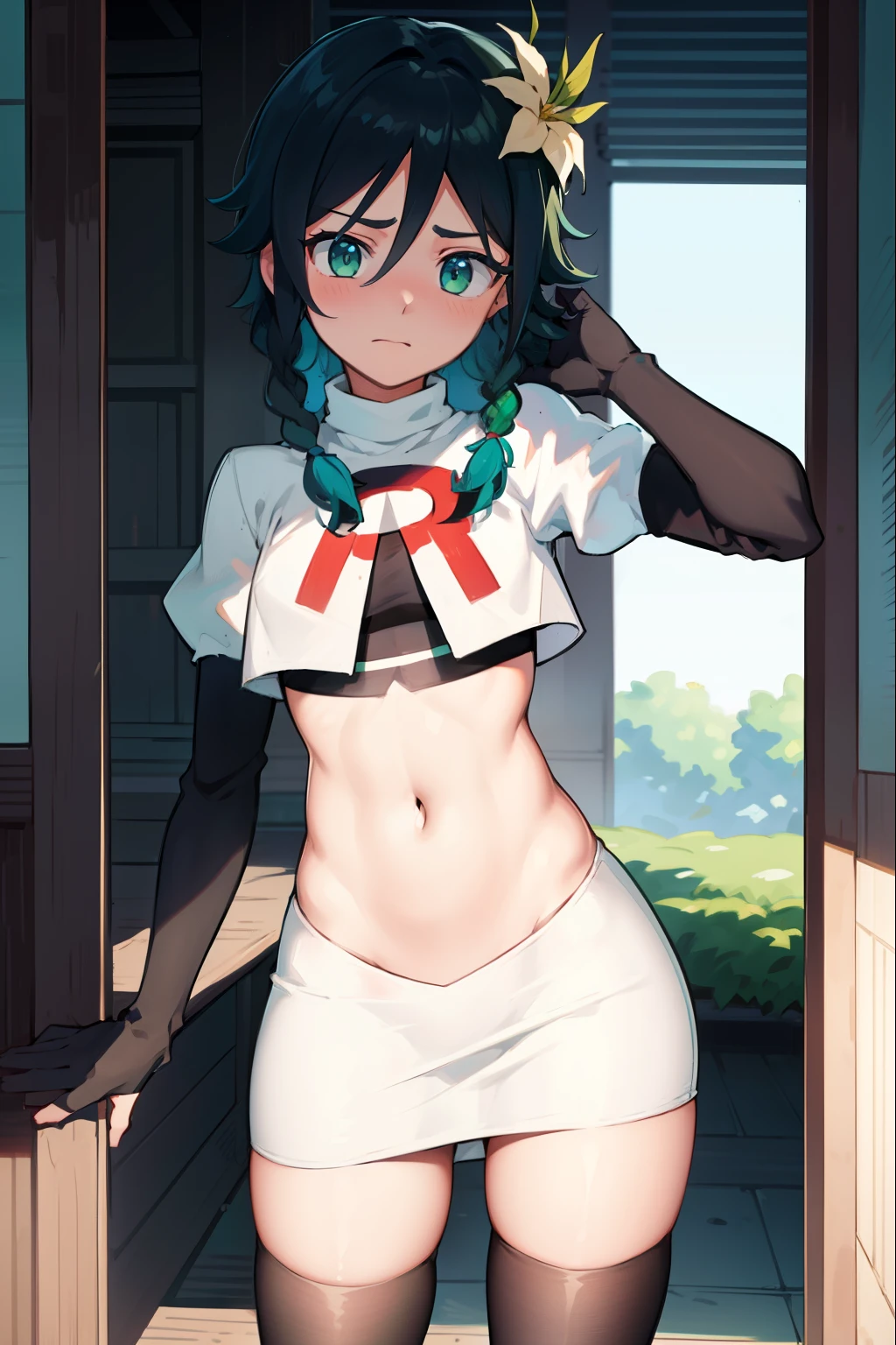 absurdres,venti,1boy, male focus, trap,black hair, green-blue hair, hair braid,hair flower,aqua green eyes,crossdressing,1boy,team rocket,team rocket uniform,white skirt,red letter R,crop top,black thigh-highs,black elbow gloves, embarrassed, blush