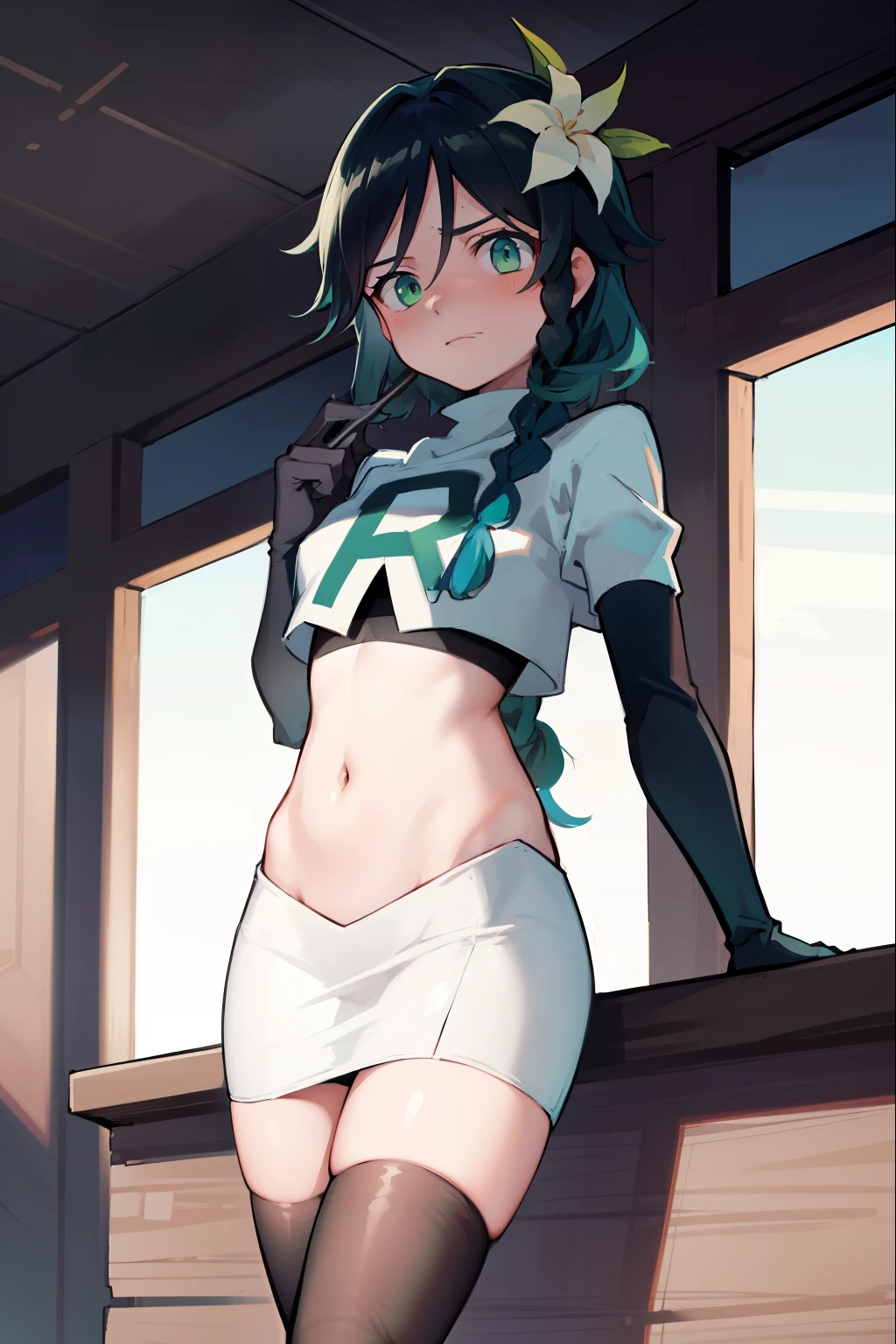 absurdres,venti,1boy, male focus, trap,black hair, green-blue hair, hair braid,hair flower,aqua green eyes,crossdressing,1boy,team rocket,team rocket uniform,white skirt,red letter R,crop top,black thigh-highs,black elbow gloves, embarrassed, blush