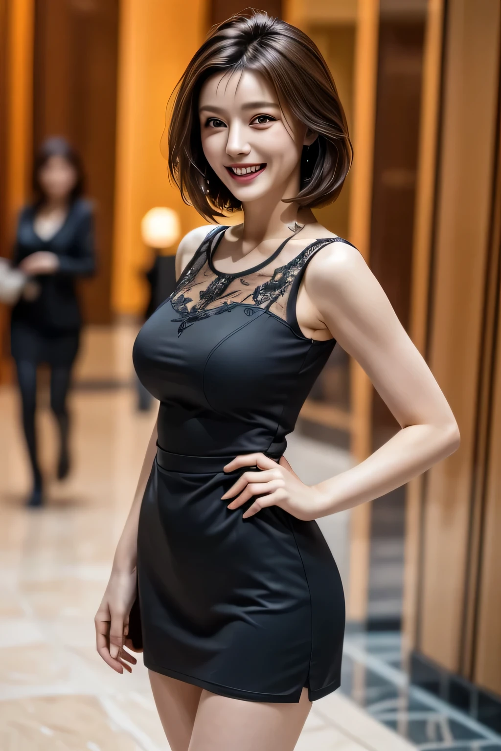 (1 Ultimate beauty), middle aged, highly detailed face, fine brown eyes, star-shaped pupil, double eyelid, eyelash, beautiful teeth, lip details, short black hair, (casual dress), grin and laugh, thighs, perfect lighting, (Photoreal:1.4), (Super detailed), (highest quality), (best shadow), (masterpiece), ultra high resolution, With background: (Resort Hotel Lobby)