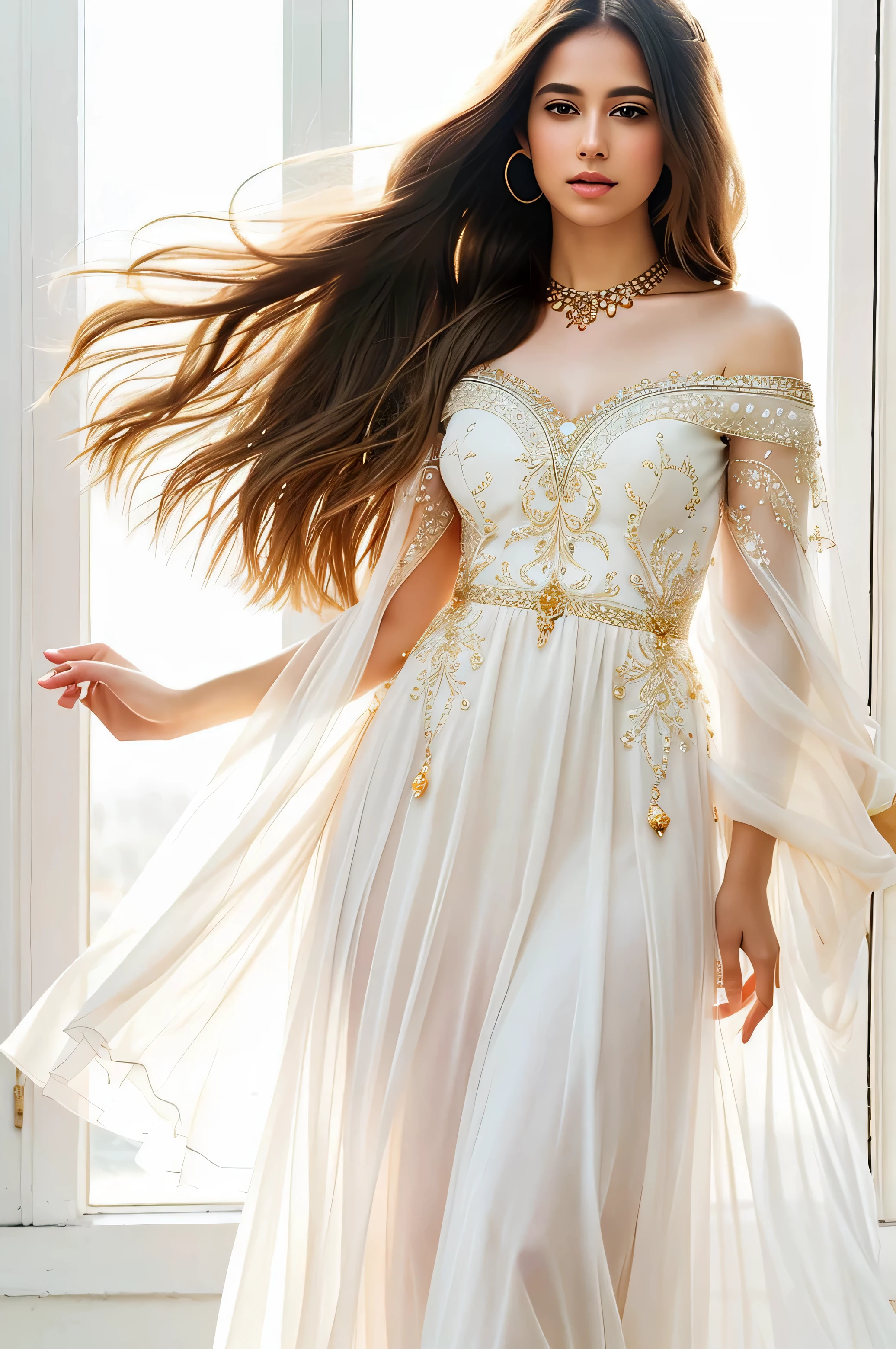 Ethereal high fashion portrait, ((full body portrait)), ethereal glowing model walking, beautiful eyes and face, detailed skin, Angelic gold and white dress, floating chiffon, delicate lace details, soft focus, dreamy, golden hour lighting, wind-blown hair, Indian hair_jewellery, gemstones, subtle lens flare, mesmerizing gaze, minimalist background, window, understated elegance