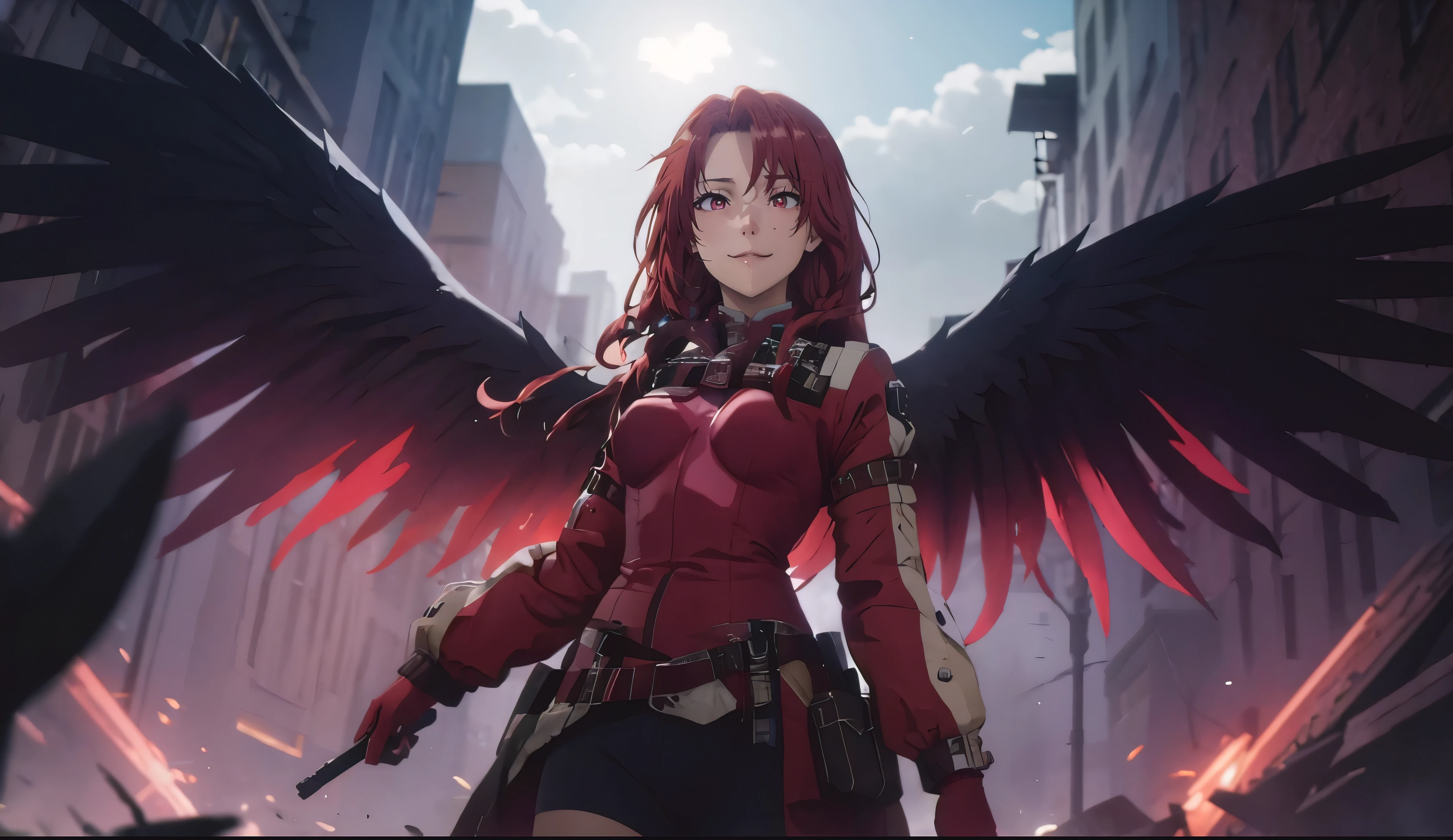 Iris, red hair, long hair, braid, red eyes,, heavy breathing, 1girl, solo, breasts, wings, looking_at_viewer, medium_breasts, sleeveless, black_wings, pink bodysuit,shrug \(clothing\),long sleeves, BREAK, standing, outdoors, sky, glow effects, godrays, Hand drawn, render, 8k, octane render, cinema 4d, blender, dark, atmospheric 4k ultra detailed, cinematic, Sharp focus, big depth of field, Masterpiece, colors, 3d octane render, 4k, concept art, trending on artstation, hyperrealistic, Vivid colors, extremely detailed CG unity 8k wallpaper, trending on CGSociety, Intricate, High Detail, dramatic"
