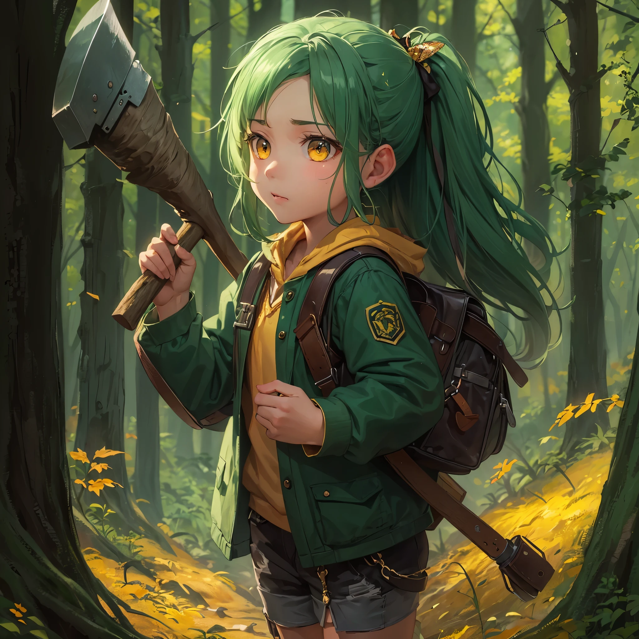 ((deep forest)) (walking), solo ponytail green hair long hair , 6 yo cute yellow eyes, look up, in a traveler's clothes, holding ax in hand, break, perfect anatomy, masterpiece:1.2, best quality, 8k, beautiful detailed grow, daydreaming expression.