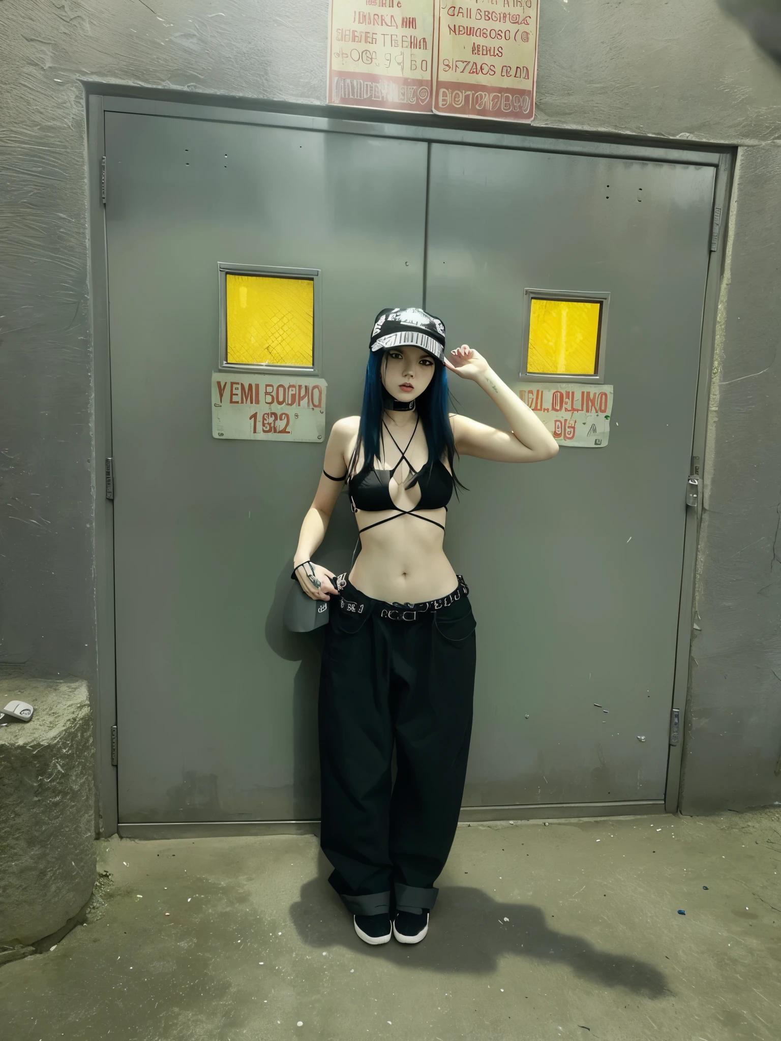 there is a woman standing in front of a door with a hat on, wearing cyberpunk streetwear, wearing japanese techwear, she looks like a mix of grimes, looks like a mix of grimes, photograph of a techwear woman, she is wearing streetwear, cyberpunk streetwear, cyberpunk style outfit, resembling a mix of grimes, 1 7 -  - old h girl