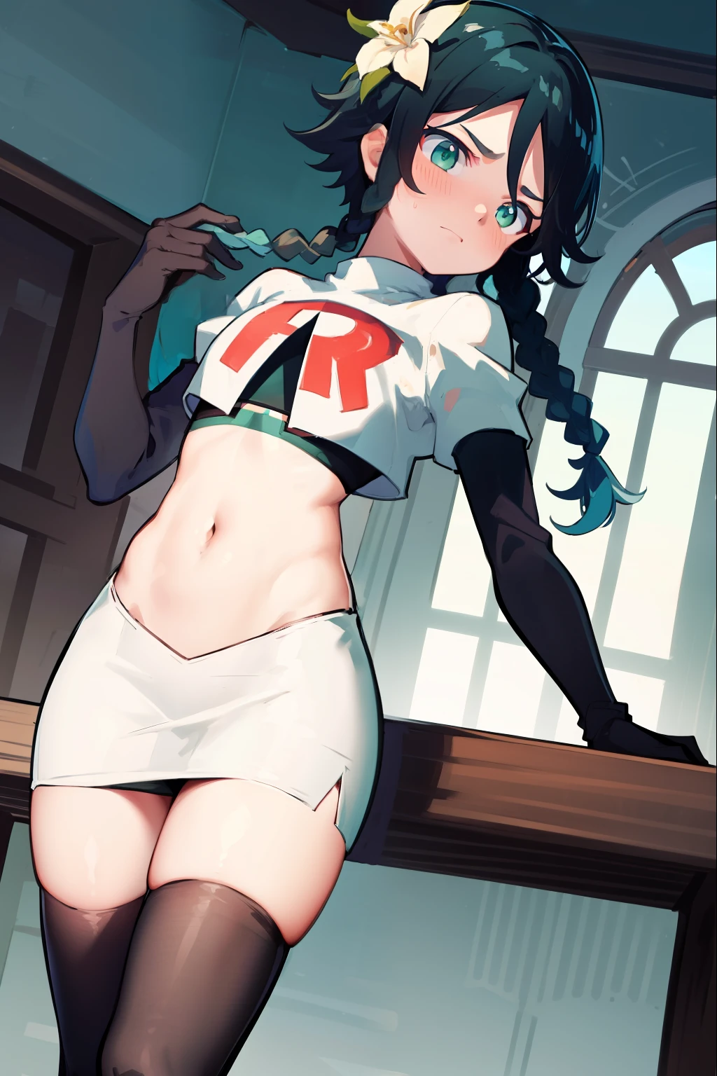 absurdres,venti,1boy, male focus, trap,black hair, green-blue hair, hair braid,hair flower,aqua green eyes,crossdressing,1boy,team rocket,team rocket uniform,white skirt,red letter R,crop top,black thigh-highs,black elbow gloves, embarrassed, blush