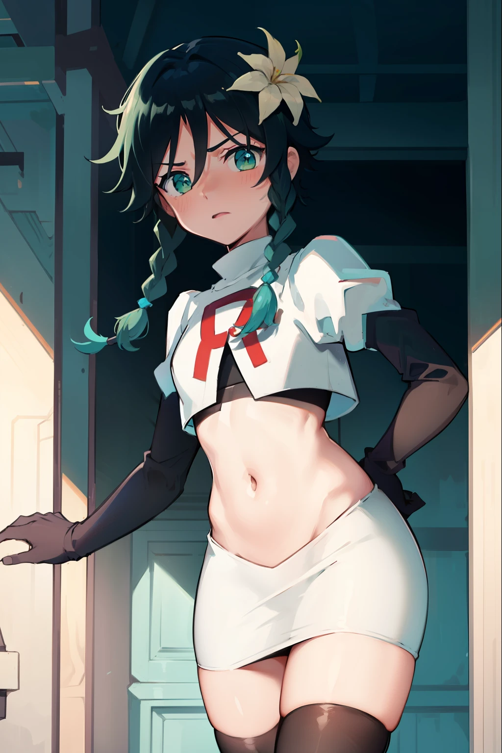 absurdres,venti,1boy, male focus, trap,black hair, green-blue hair, hair braid,hair flower,aqua green eyes,crossdressing,1boy,team rocket,team rocket uniform,white skirt,red letter R,crop top,black thigh-highs,black elbow gloves, embarrassed, blush