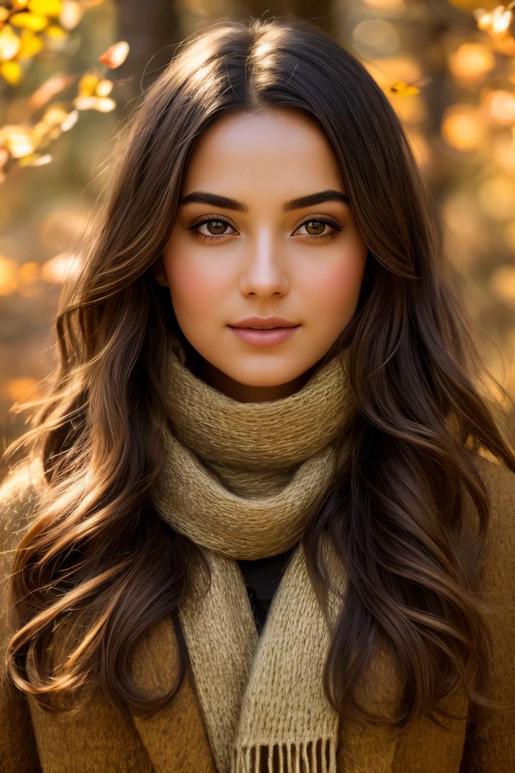 (best quality:1.2), ultra high res, (photorealistic:1.4), great textures, ultra high res, (realistic:1.3),
In the golden glow of an autumn forest, a woman in a flowing scarf effortlessly captures the essence of the season, her camera poised to immortalize the vibrant hues of golden leaves, rust-colored branches, and the crisp, cool air. The sunlight filters through the trees, casting intricately detailed shadows on her face, illuminating her features with a warm, golden light. Her expression is serene and content, her eyes reflecting the beauty of her surroundings. The scene is rendered with stunning