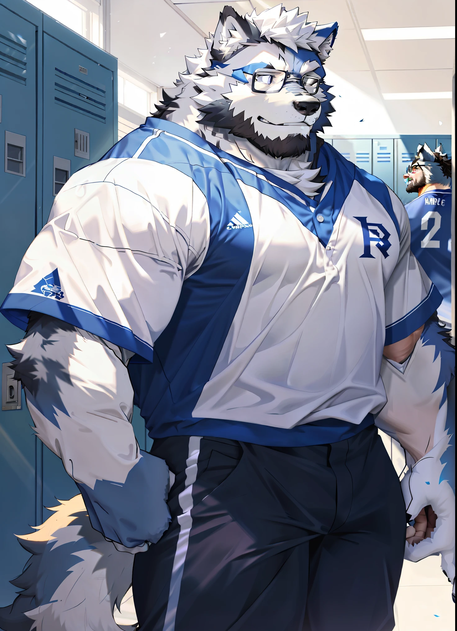 hairy，（Wolf，white baseball uniform，white baseball pants，Black-rimmed glasses，），beard，white fur，male，Common，full-body shot， dynamic poses，locker room，White in hand，Sunlight，Detailed background，极其lifelike阴影，masterpiece，Very detailed，lifelike