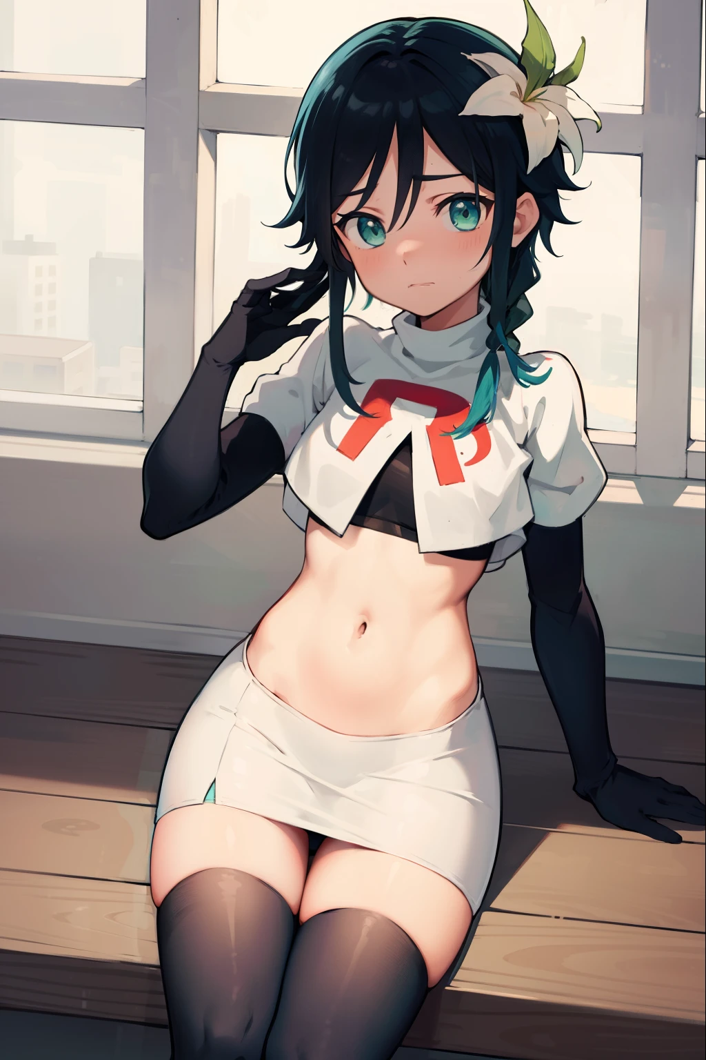 absurdres,venti,1boy, male focus, trap,black hair, green-blue hair, hair braid,hair flower,aqua green eyes,crossdressing,1boy,team rocket,team rocket uniform,white skirt,red letter R,crop top,black thigh-highs,black elbow gloves, laughing,happy, blush