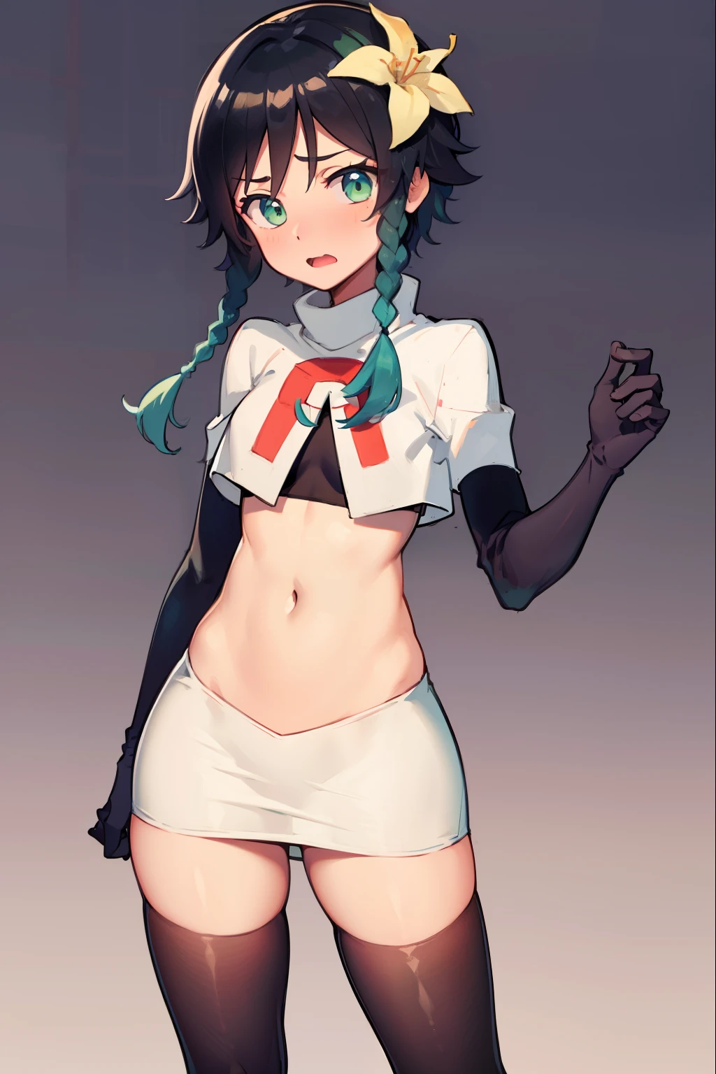 absurdres,venti,1boy, male focus, trap,black hair, green-blue hair, hair braid,hair flower,aqua green eyes,crossdressing,1boy,team rocket,team rocket uniform,white skirt,red letter R,crop top,black thigh-highs,black elbow gloves, embarrassed, blush