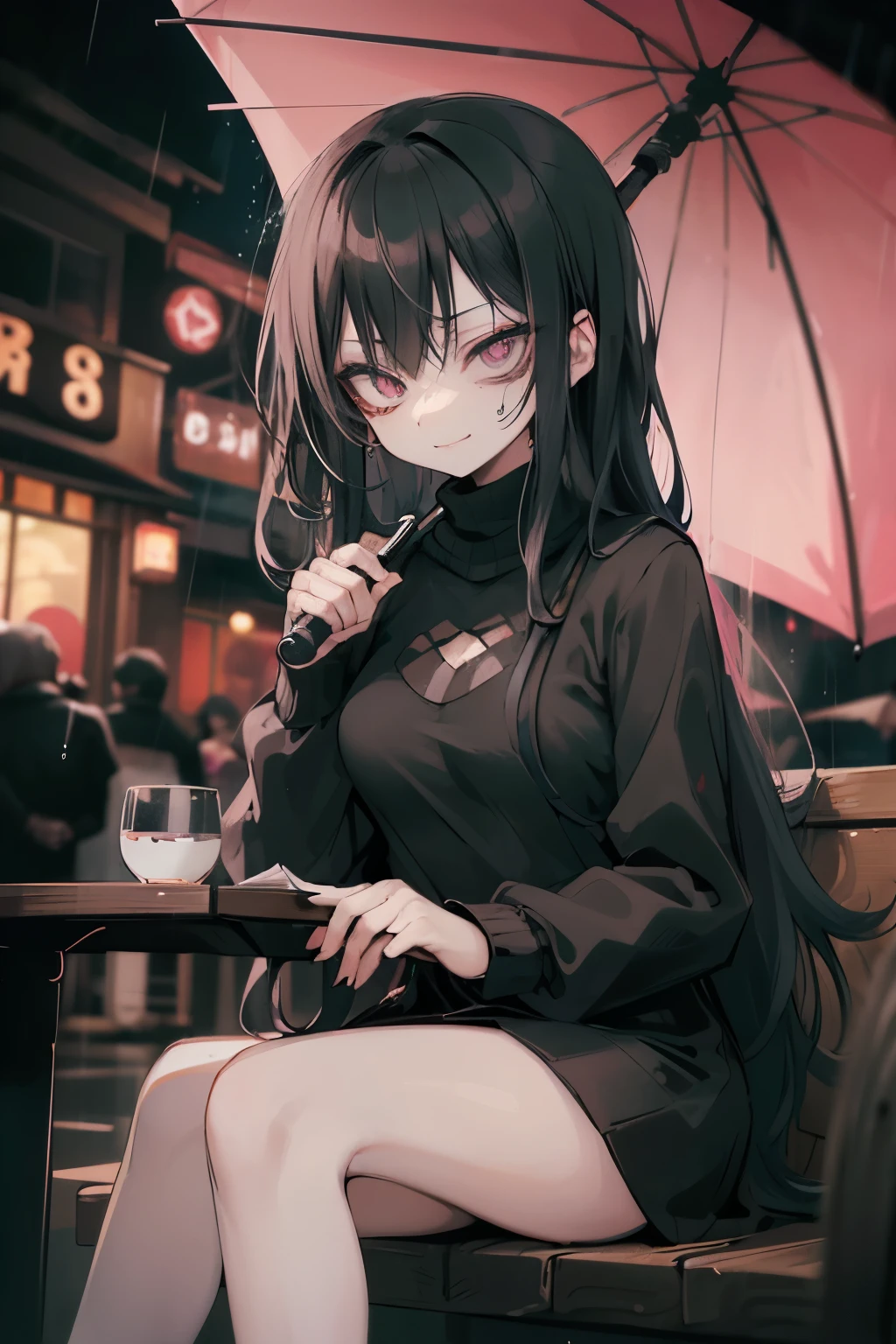 beautiful woman in black turtle neck sitting outside a fancy restaurant, dark pink long hair, night, raining and holding an umbrella, dark green, bad girl, evil, cute rizz smirk
