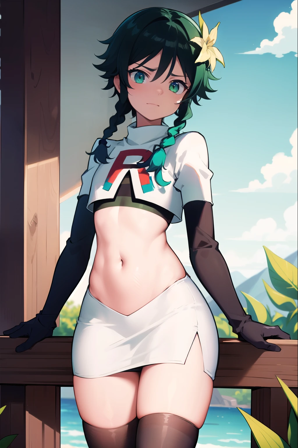 absurdres,venti,1boy, male focus, trap,black hair, green-blue hair, hair braid,hair flower,aqua green eyes,crossdressing,1boy,team rocket,team rocket uniform,white skirt,red letter R,crop top,black thigh-highs,black elbow gloves, embarrassed, blush