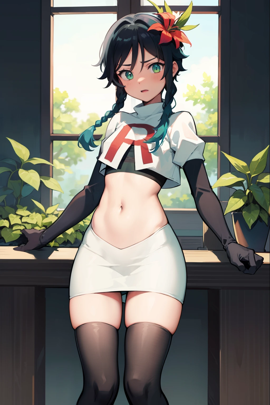 absurdres,venti,1boy, male focus, trap,black hair, green-blue hair, hair braid,hair flower,aqua green eyes,crossdressing,1boy,team rocket,team rocket uniform,white skirt,red letter R,crop top,black thigh-highs,black elbow gloves, embarrassed, blush