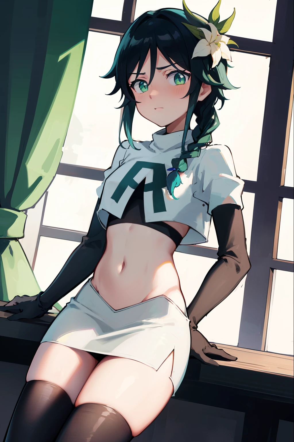 absurdres,venti,1boy, male focus, trap,black hair, green-blue hair, hair braid,hair flower,aqua green eyes,crossdressing,1boy,team rocket,team rocket uniform,white skirt,red letter R,crop top,black thigh-highs,black elbow gloves, embarrassed, blush