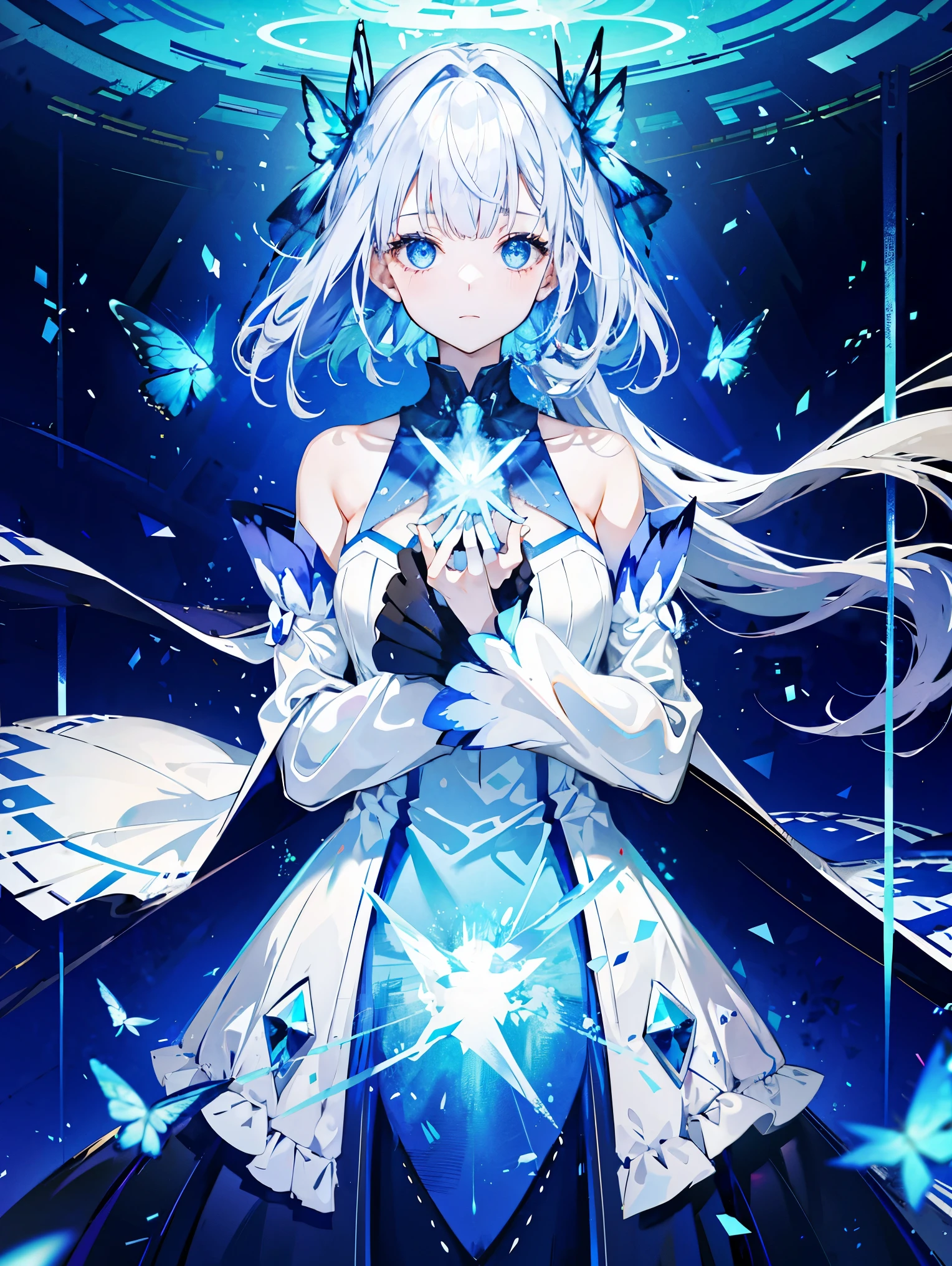 1 girl, e blue eyes, shift dress, blue dress, gray hair,blue butterfly flying, Reman, particles of light, please shut your mouth, in the room, gem, No sleeve, bare shoulders, by bangs,beautiful and fine eyes, Detailed background,