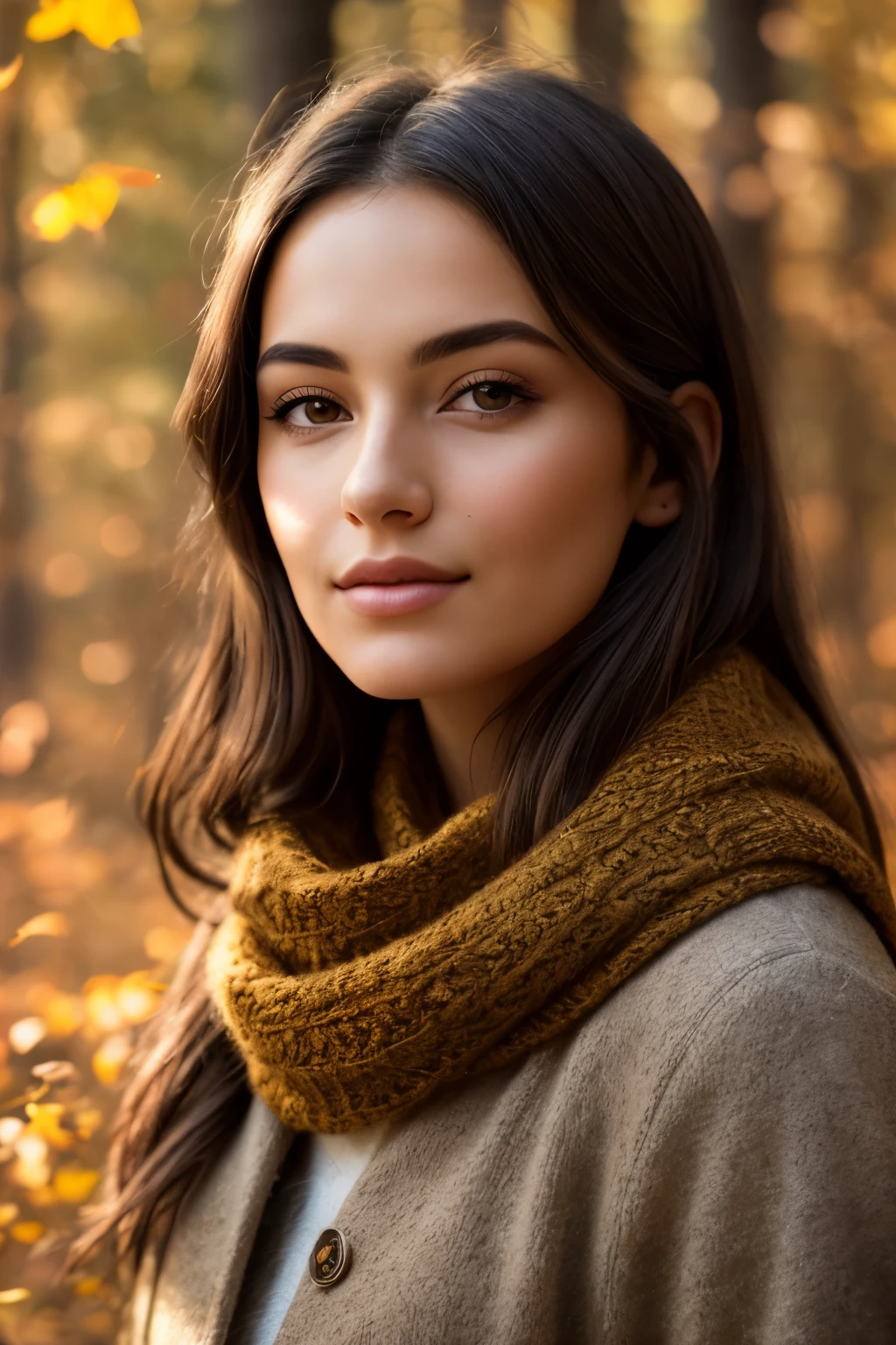(best quality:1.2), ultra high res, (photorealistic:1.4), great textures, ultra high res, (realistic:1.3),
In the golden glow of an autumn forest, a woman in a flowing scarf effortlessly captures the essence of the season, her camera poised to immortalize the vibrant hues of golden leaves, rust-colored branches, and the crisp, cool air. The sunlight filters through the trees, casting intricately detailed shadows on her face, illuminating her features with a warm, golden light. Her expression is serene and content, her eyes reflecting the beauty of her surroundings. The scene is rendered with stunning