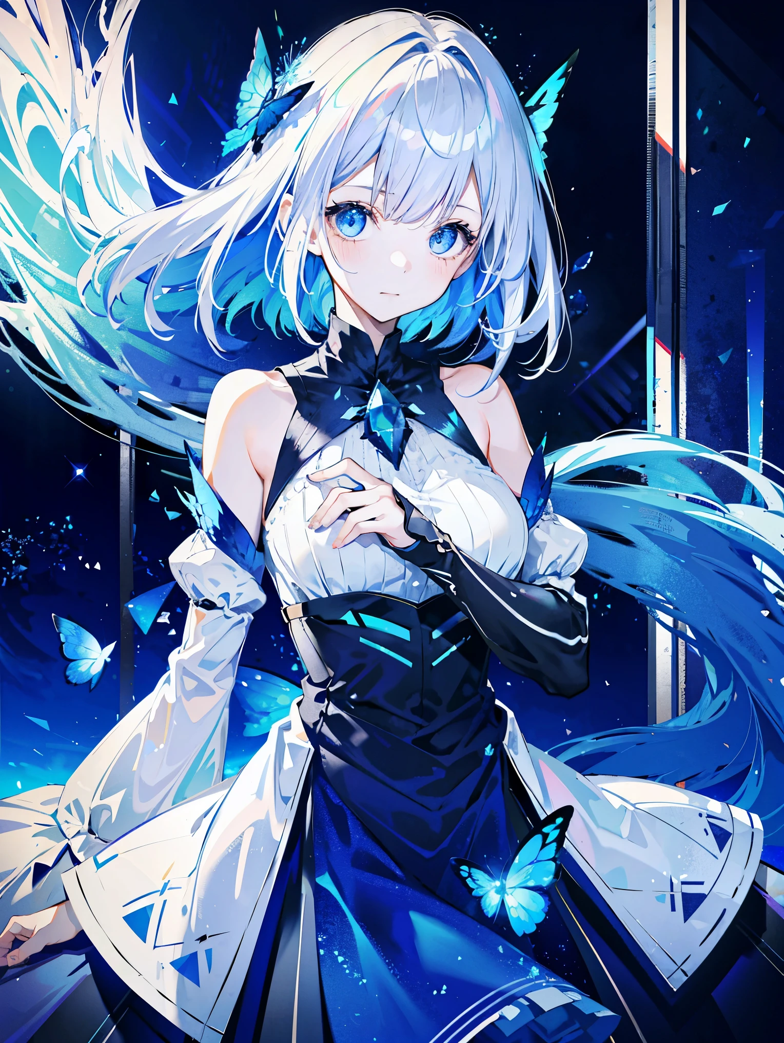 1 girl，  e blue eyes， shift dress， blue dress， gray hair，blue butterfly flying， Reman， particles of light， please shut your mouth， in the room， gem， No sleeve， bare shoulders， by bangs，beautiful and fine eyes， Detailed background，