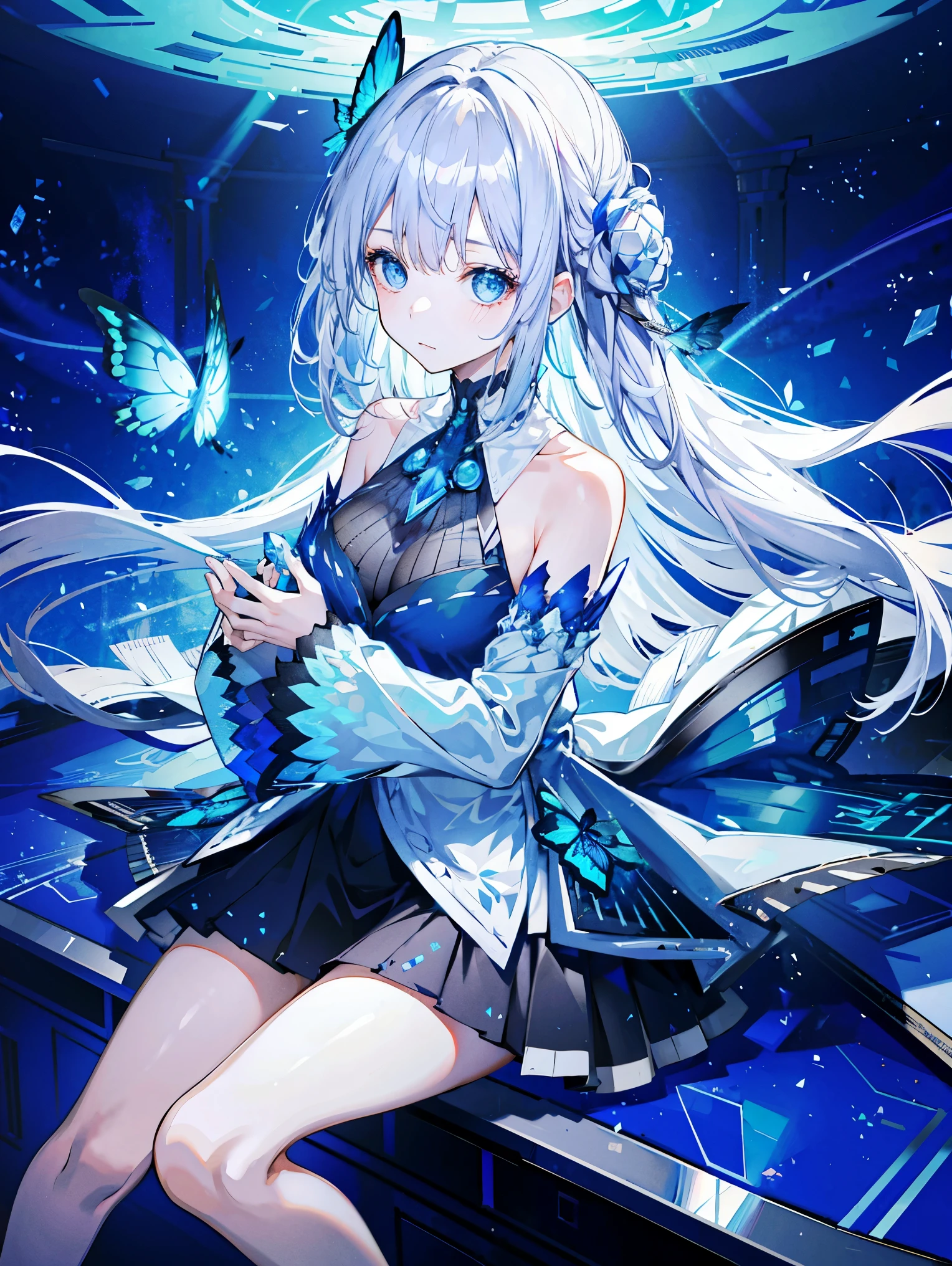 1 girl, e blue eyes, shift dress, blue dress, gray hair,blue butterfly flying, Reman, particles of light, please shut your mouth, in the room, gem, No sleeve, bare shoulders, by bangs,beautiful and fine eyes, Detailed background,