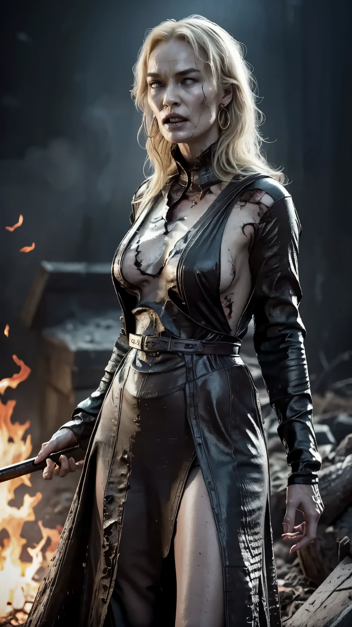 postapocalypse, Lena Headey as Cersei Lannister, zombie on fire, running through flames and smoke, scary, showing teeth, charred body, skin with burns, blonde hair, high heels, earrings, rings, standing in the frozen garden, 1woman, solo, beautiful detailed glow, detailed, cinematic light, intricate detail, realistic, highres, detailed facial features, high detail, sharp focus, smooth, aesthetic, extremely detailed, stamp, octane render