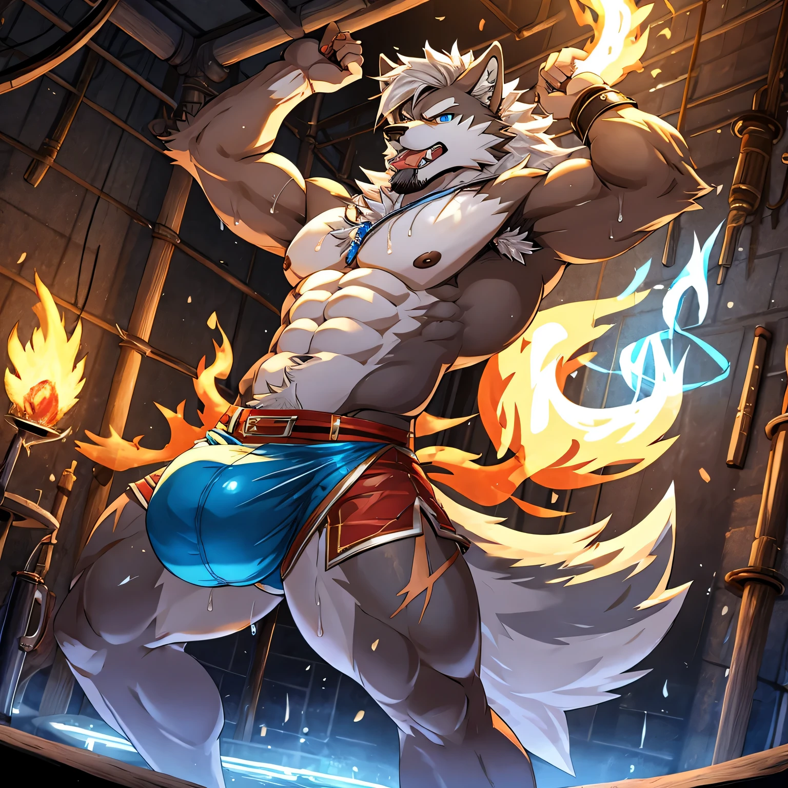 gray wolf、Completely nakedのオオカミ、silver mane、Body hair all over the body、flame pubic hair、flame navel hair、flaming armpit hair、blue and dark blue eyes、huge bulge in the crotch、Crotch about to burst、destroyed laboratory background、Kicking pose、Pose with one arm raised、Composition looking up from diagonally below、Completely naked、soaking wet、very large amount of white slime、angry look、thigh scar、thick tongue、